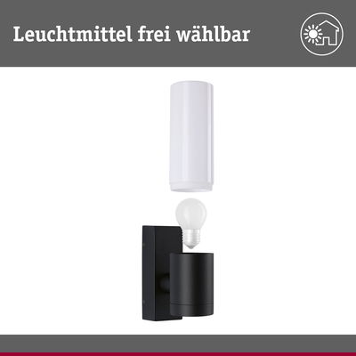 Schwarze Wandlampe aus Metall mit weißem zylindrischem Lampenschirm und frei wählbarer Leuchtmitteloption