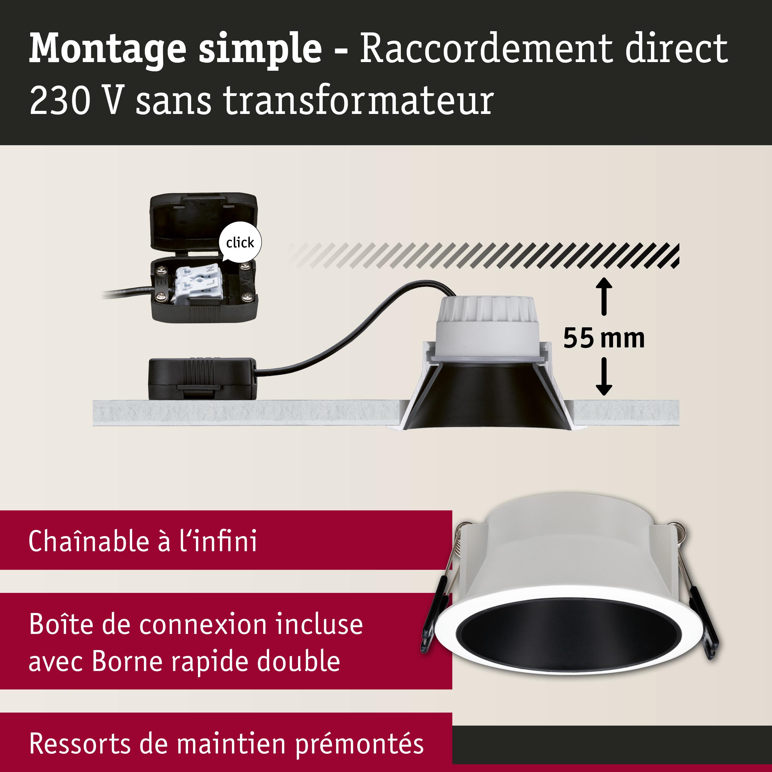 Spot LED encastré blanc avec réflecteur noir, profondeur 55 mm, raccordement direct 230 V sans transformateur
