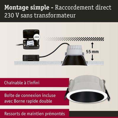 Spot LED encastré blanc avec réflecteur noir, profondeur 55 mm, raccordement direct 230 V sans transformateur