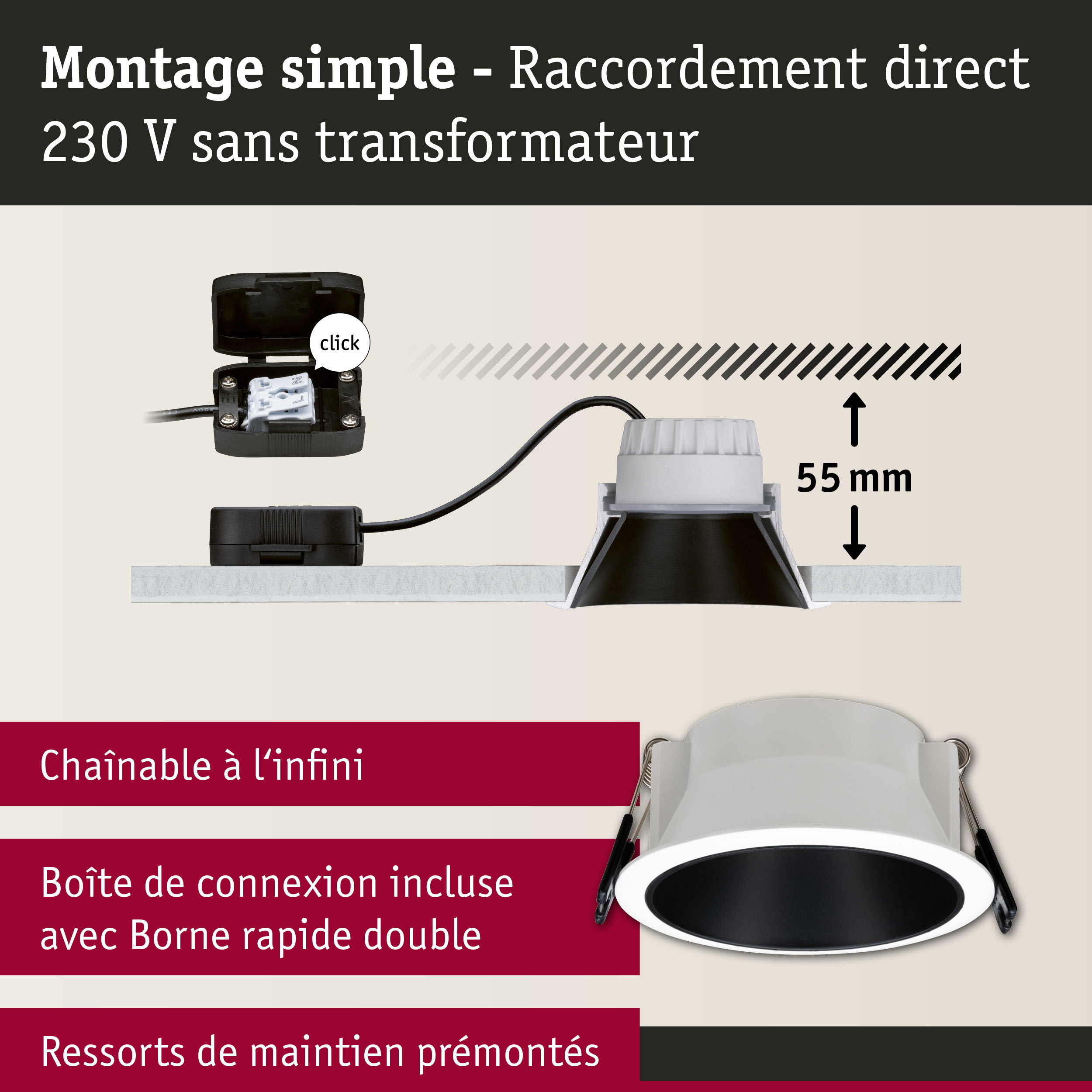 Spot encastré blanc avec anneau intérieur noir et boîte de connexion pour 230V sans transformateur