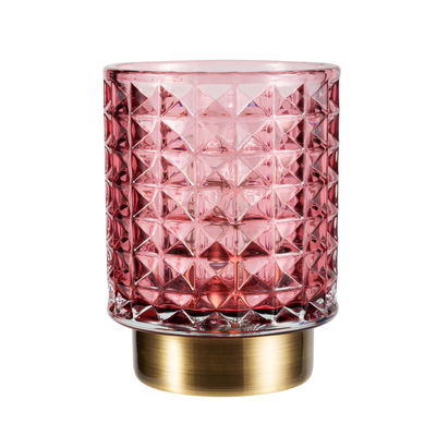 Photophore en verre rose à motif géométrique avec base en métal doré pour éclairage d'ambiance