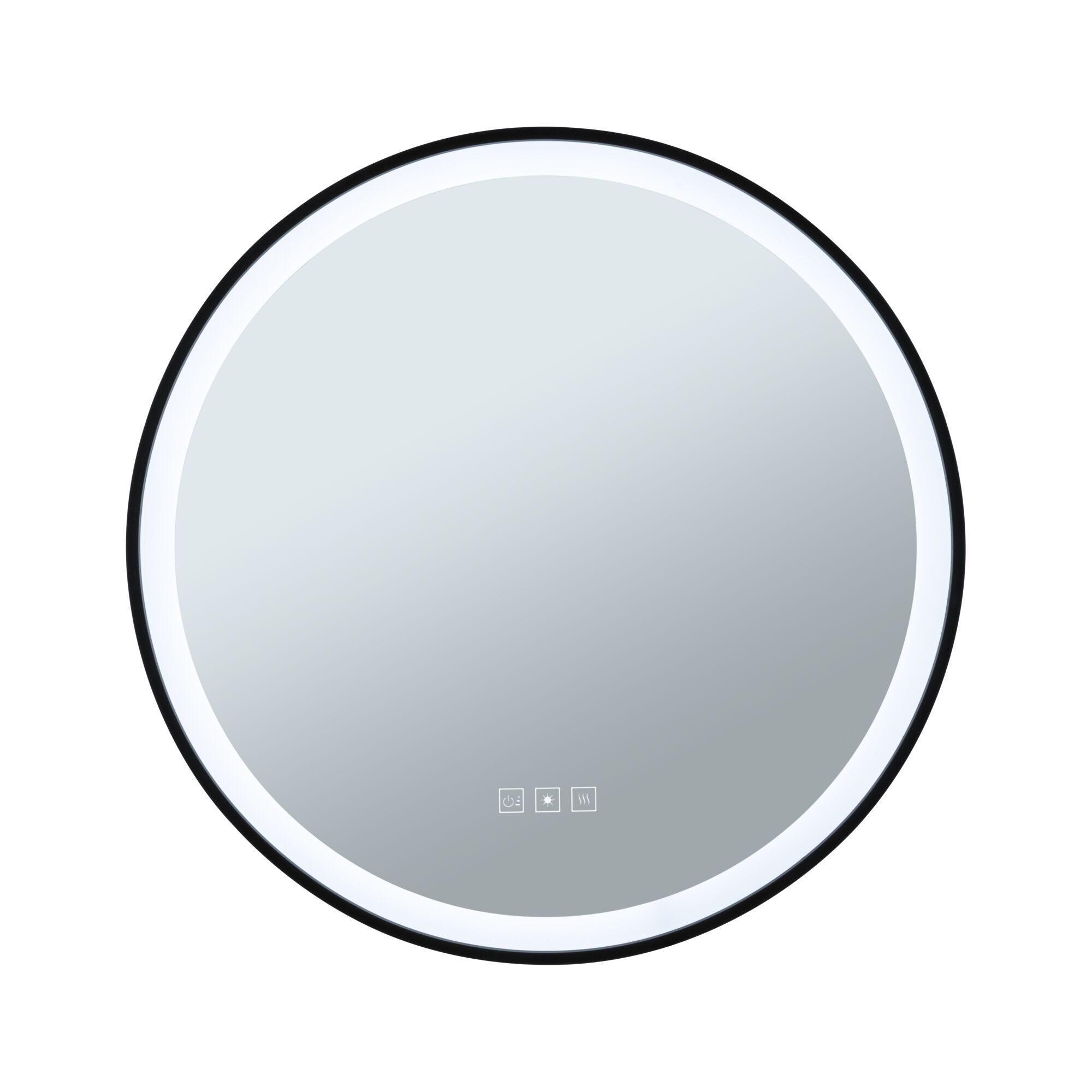 Round LED mirror light with black frame and touch controls for bathroom lighting