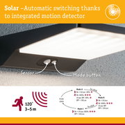 Black solar outdoor light with integrated motion sensor and mode button for automatic lighting control