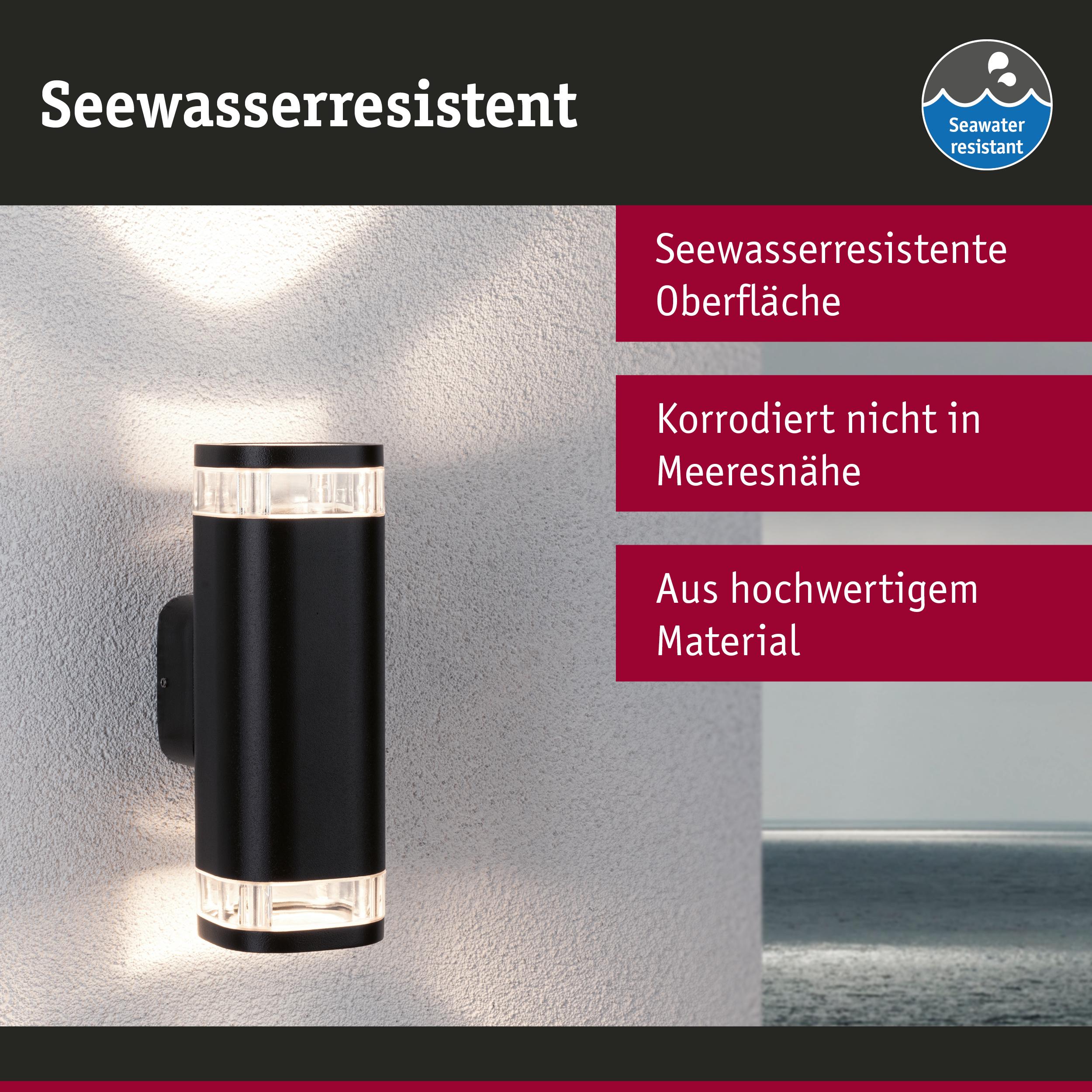 Schwarze Außenwandleuchte aus hochwertigem Material mit seewasserresistenter Oberfläche und LED-Licht