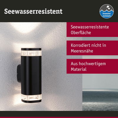 Schwarze Außenwandleuchte aus hochwertigem Material mit seewasserresistenter Oberfläche und LED-Licht