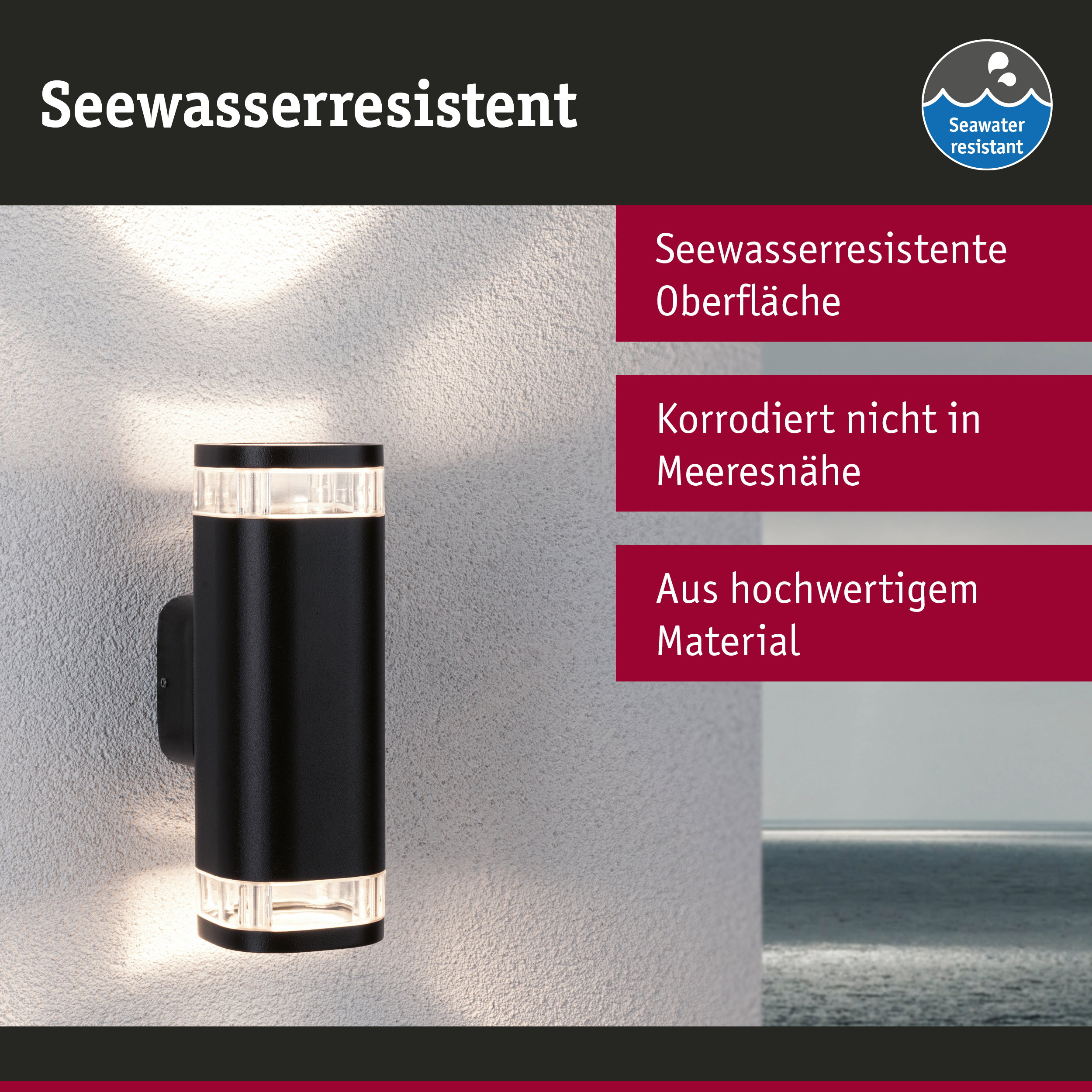 Schwarze Außenwandleuchte mit seewasserresistenter Oberfläche aus hochwertigem Material für Küstenbereiche