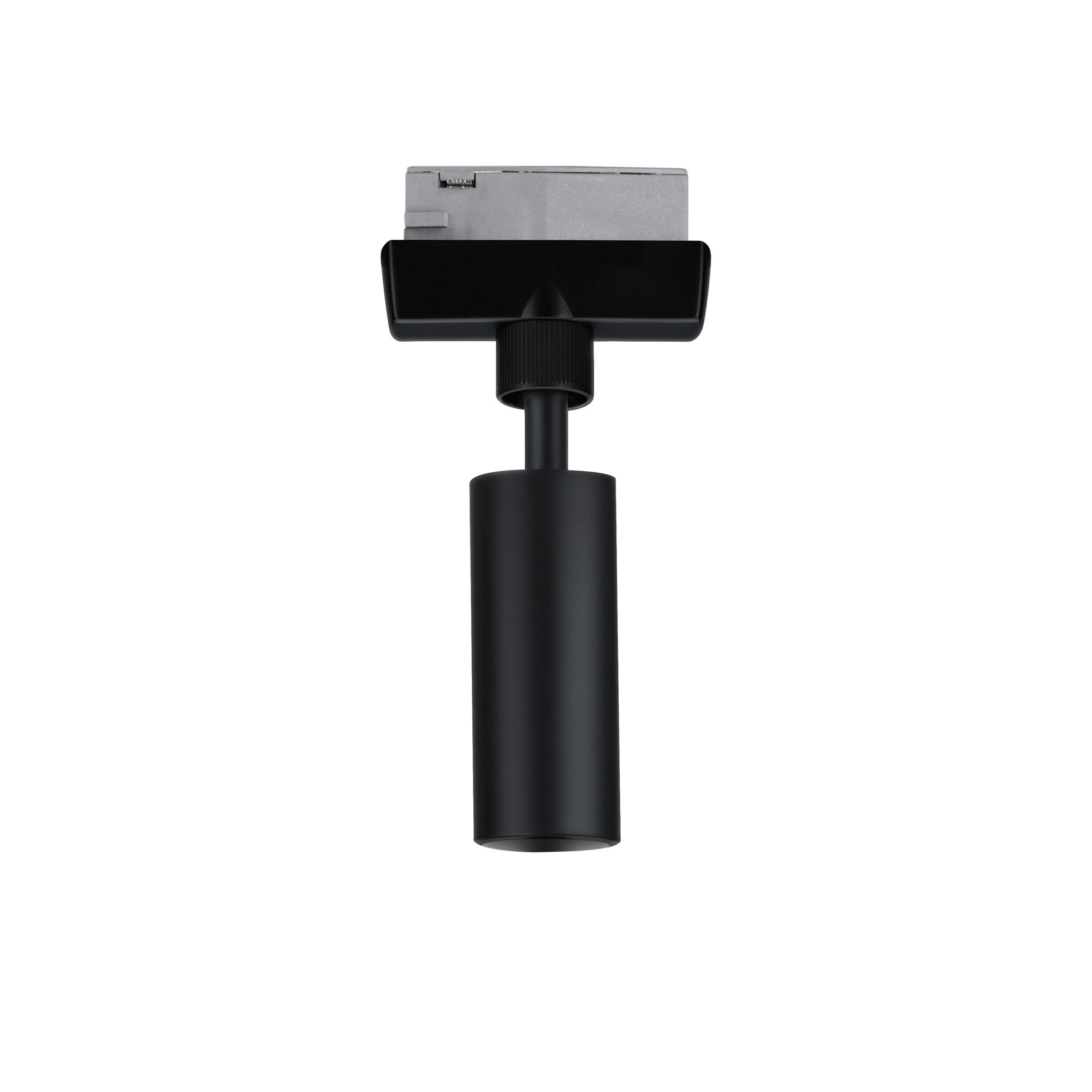 Black metal LED spotlight with cylindrical design for track lighting systems