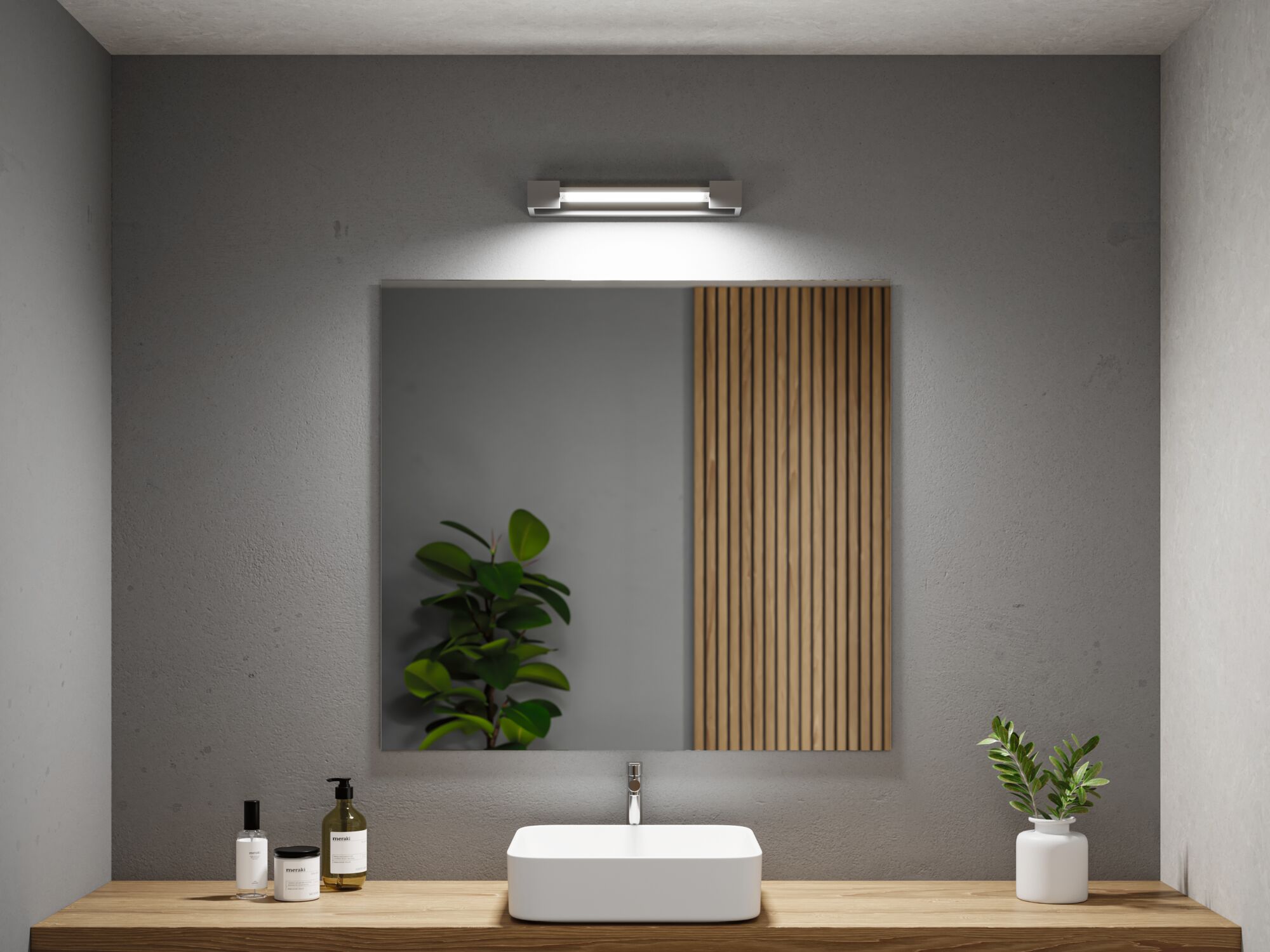 Modernes Badezimmer mit rechteckigem weißen Waschbecken auf Holzplatte und LED-Spiegelleuchte