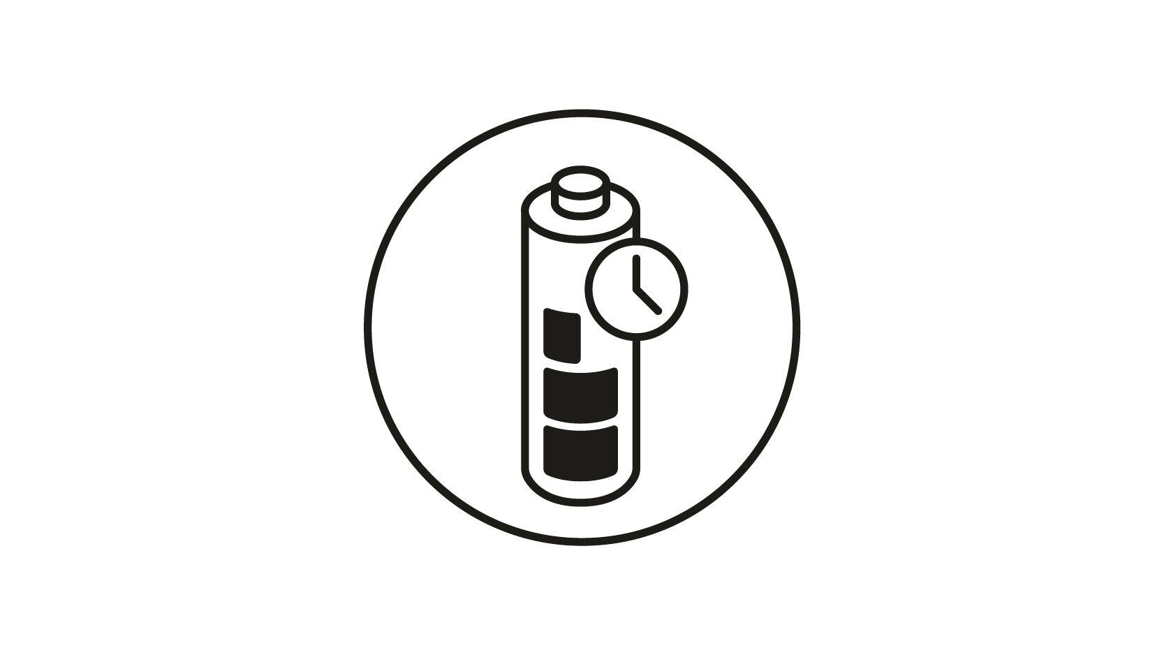 Symbol for forkortet batterilevetid med ur og batteri i sort linjetegning
