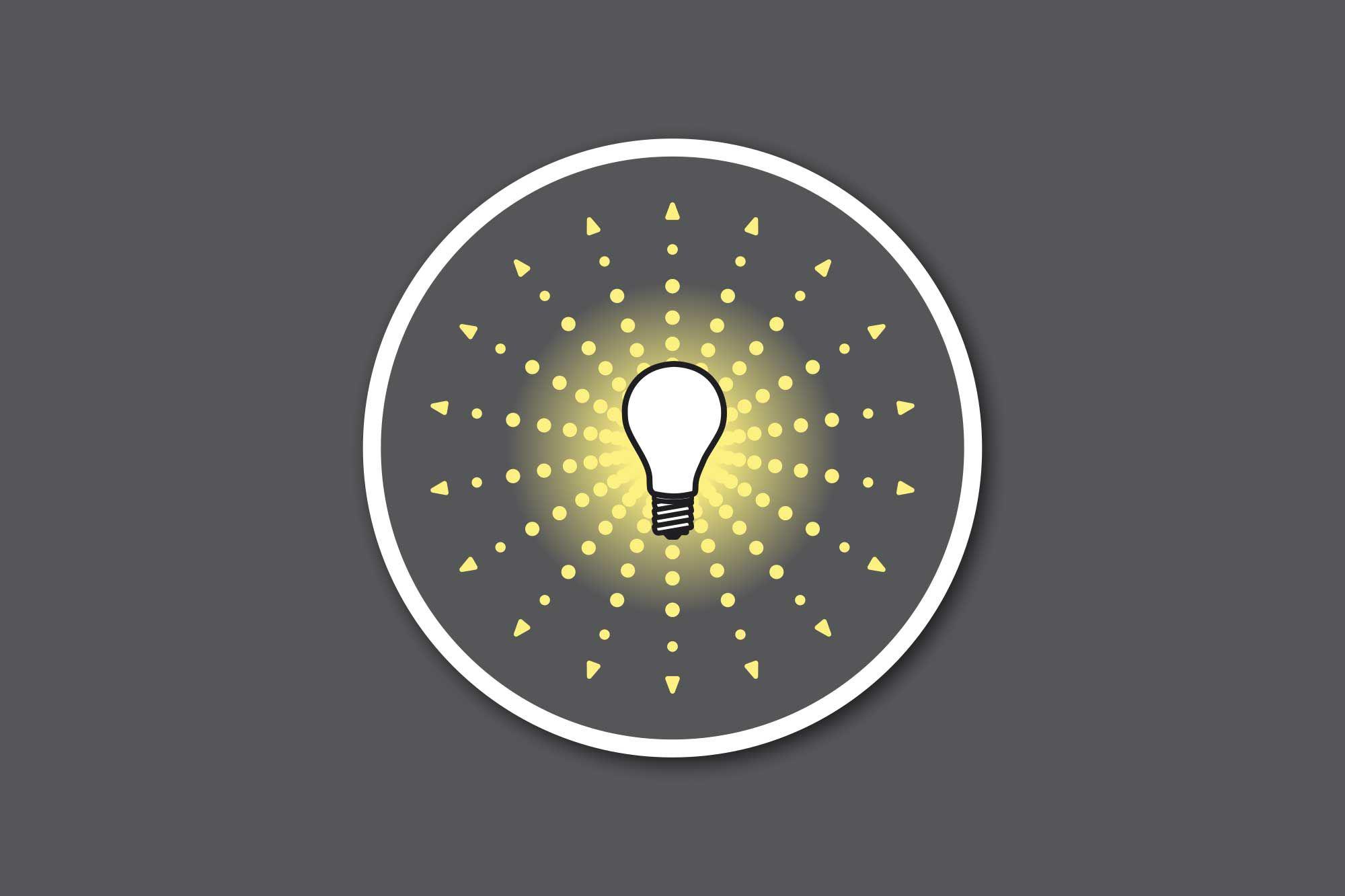 Grafik einer weißen Glühbirne mit gelbem Lumenstrahl auf grauem Hintergrund für Beleuchtungskonzepte