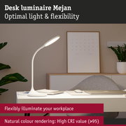 White flexible LED desk lamp Mejian with high CRI for natural colour rendering and optimal workplace lighting