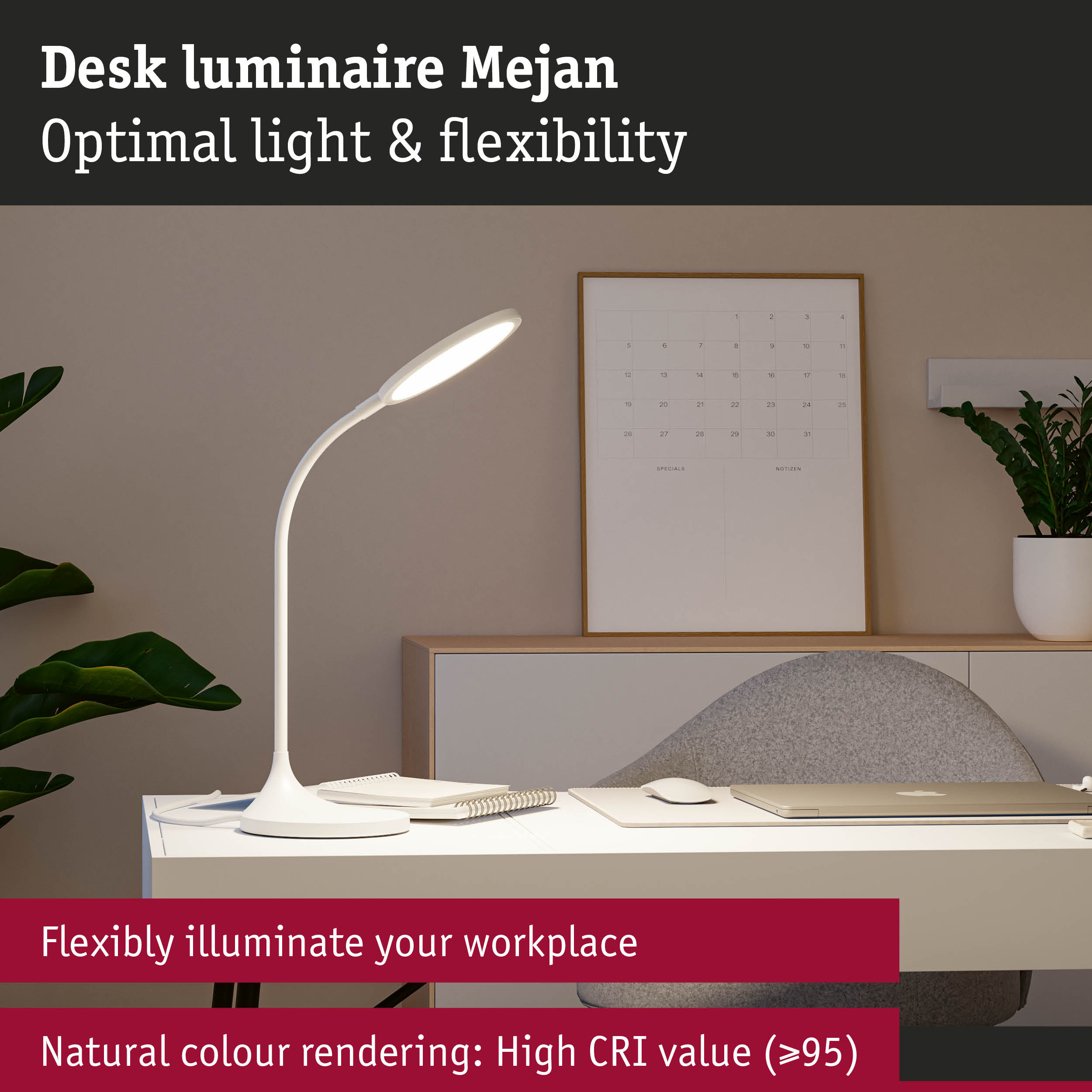 White flexible LED desk lamp Mejian with high CRI for natural colour rendering and optimal workplace lighting