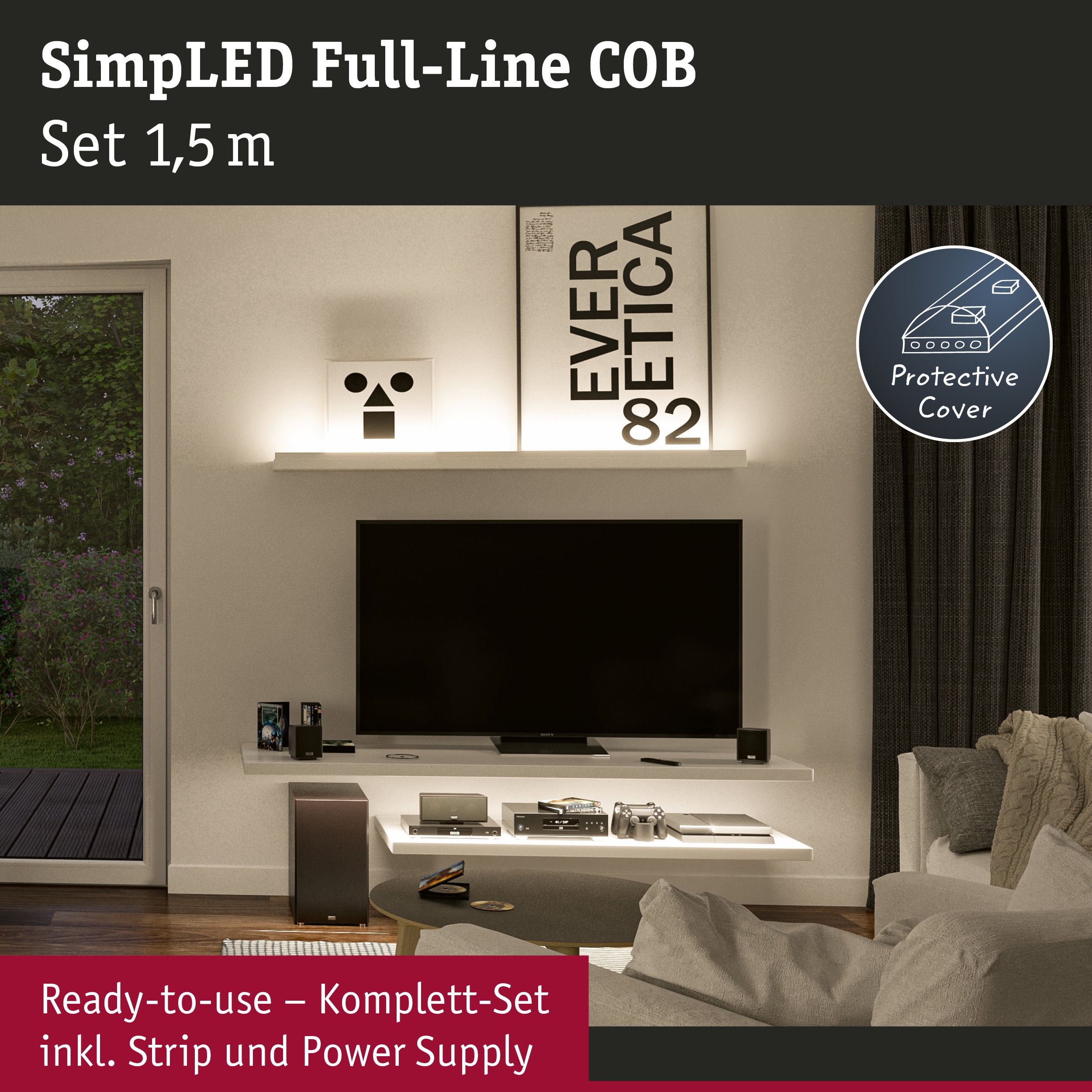 Wohnzimmer mit TV und Regalen beleuchtet durch 1,5 m LED-Lichtstreifen mit Schutzabdeckung