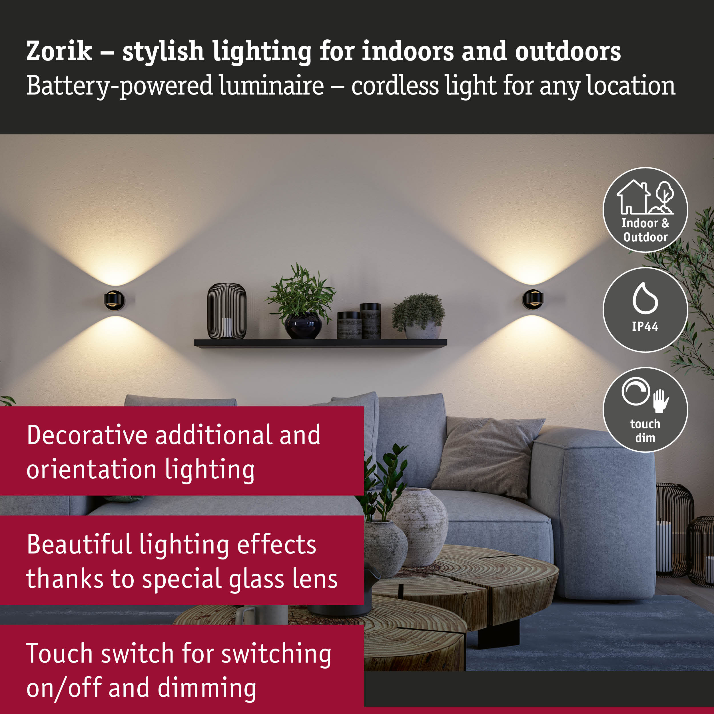 Zorik black battery-powered wall light with warm white glow for indoor and outdoor use
