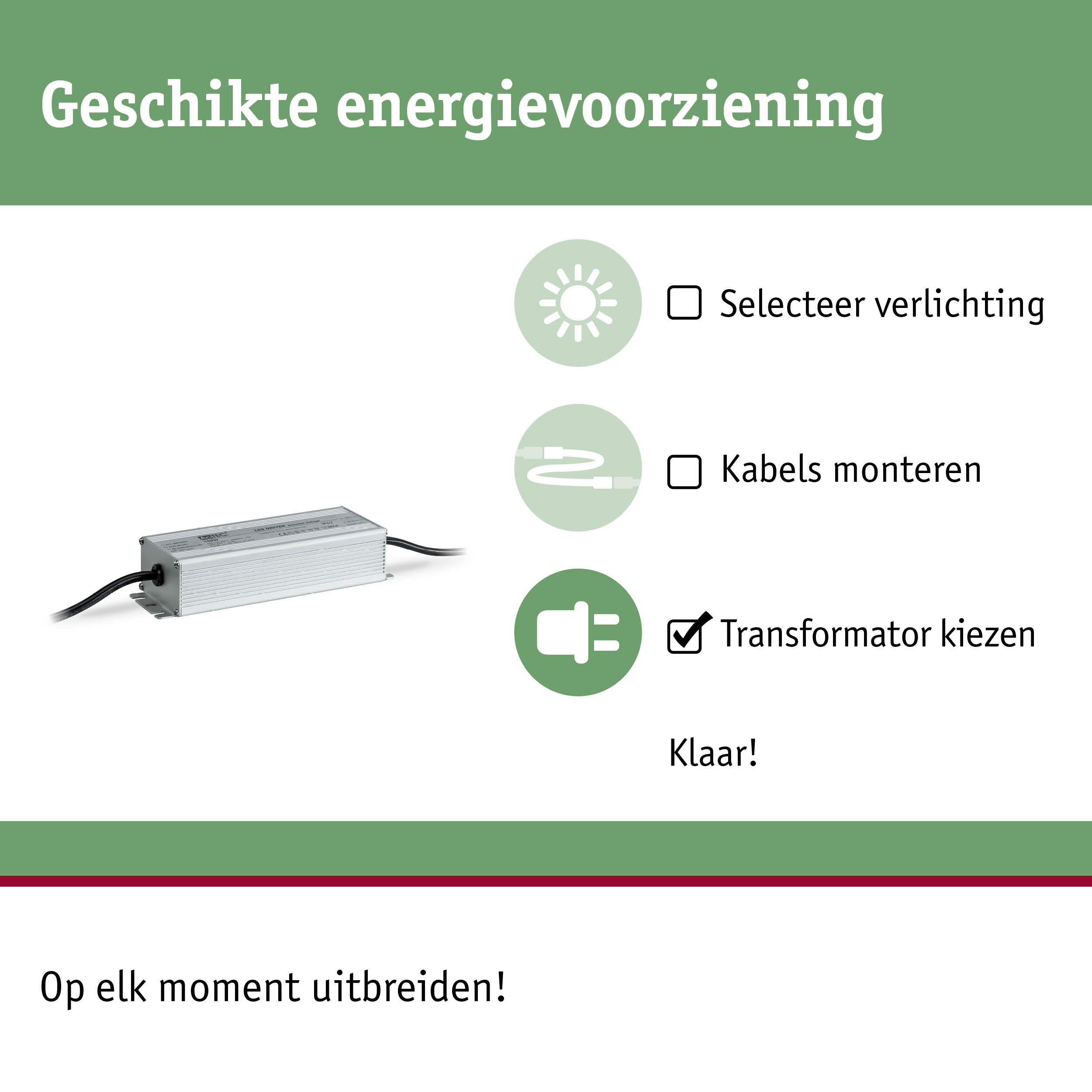 Aluminium LED-transformator met kabel, selecteerbare verlichting en montageopties voor energievoorziening