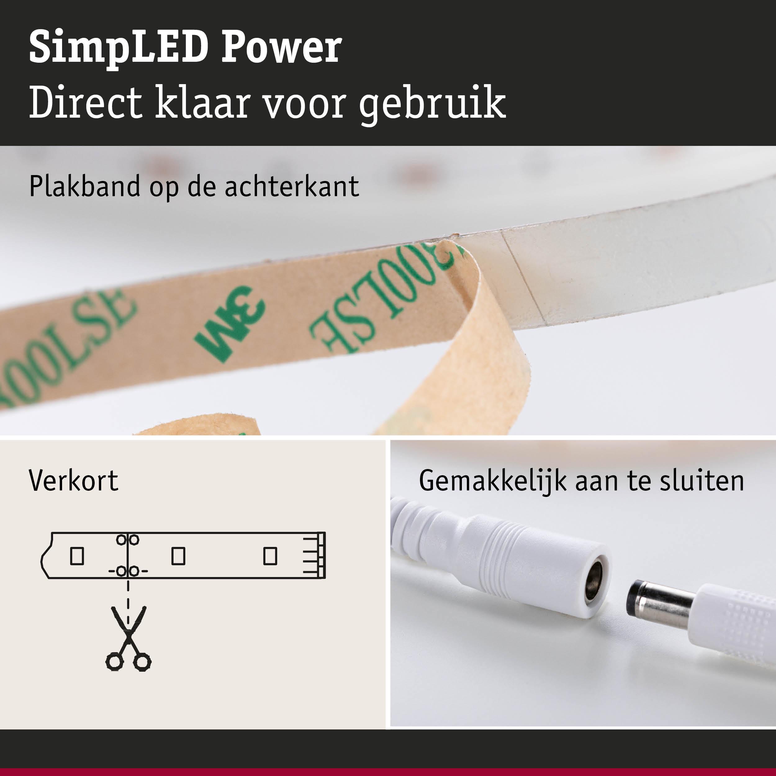 LED-strip met plakband aan achterkant, witte stekker makkelijk aan te sluiten en schaar symbool om te knippen