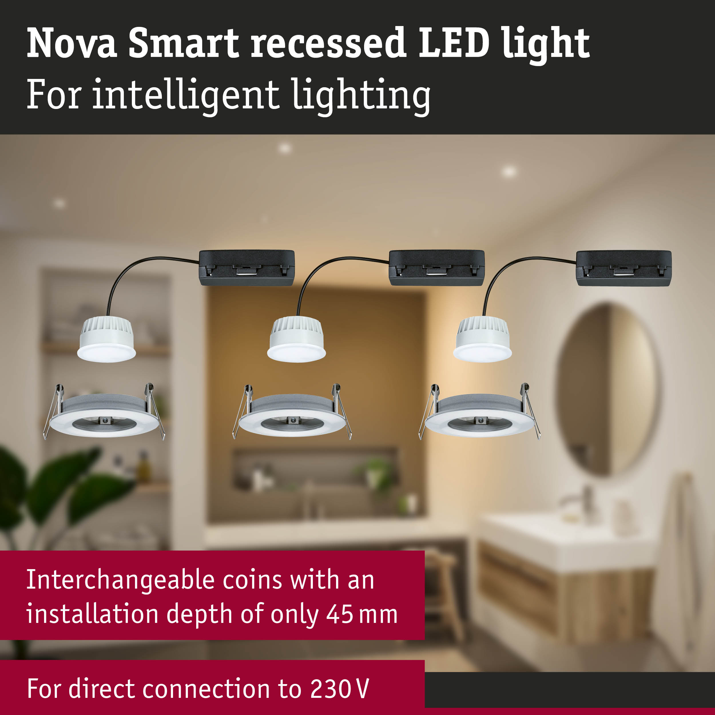 Nova Smart white recessed LED light with black cable for intelligent home lighting solutions