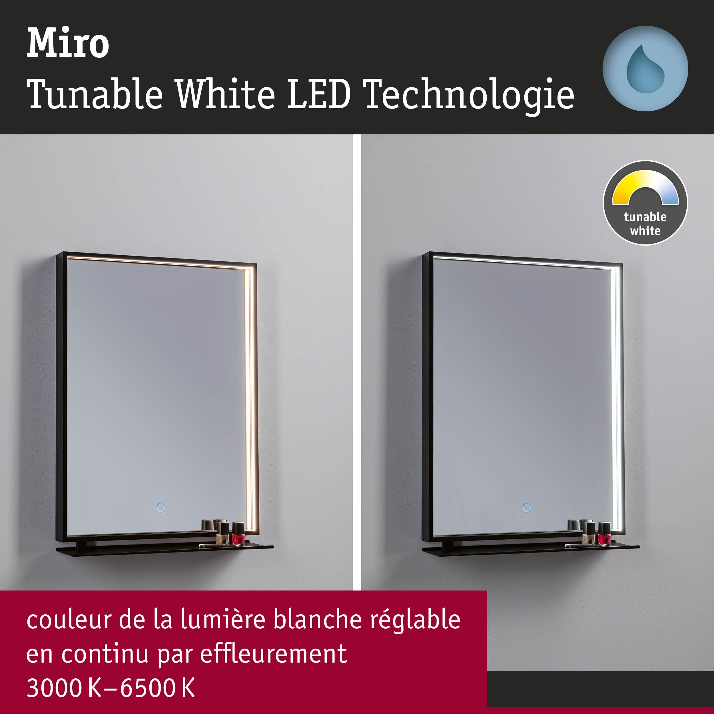 Miro miroir LED avec lumière blanche réglable de 3000K à 6500K et cadre noir pour salle de bain