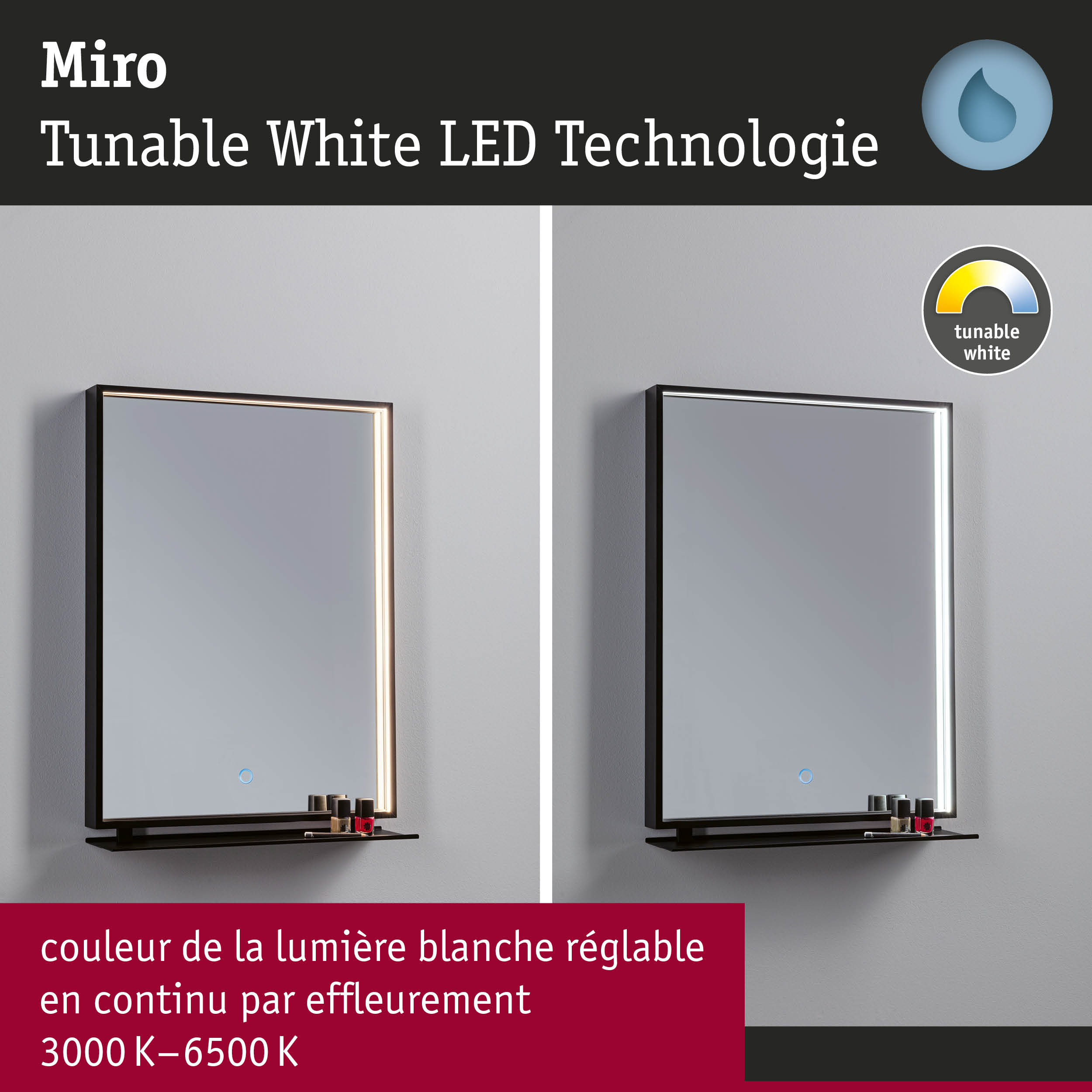 Miro miroir LED avec lumière blanche réglable 3000K-6500K pour salle de bain et salon