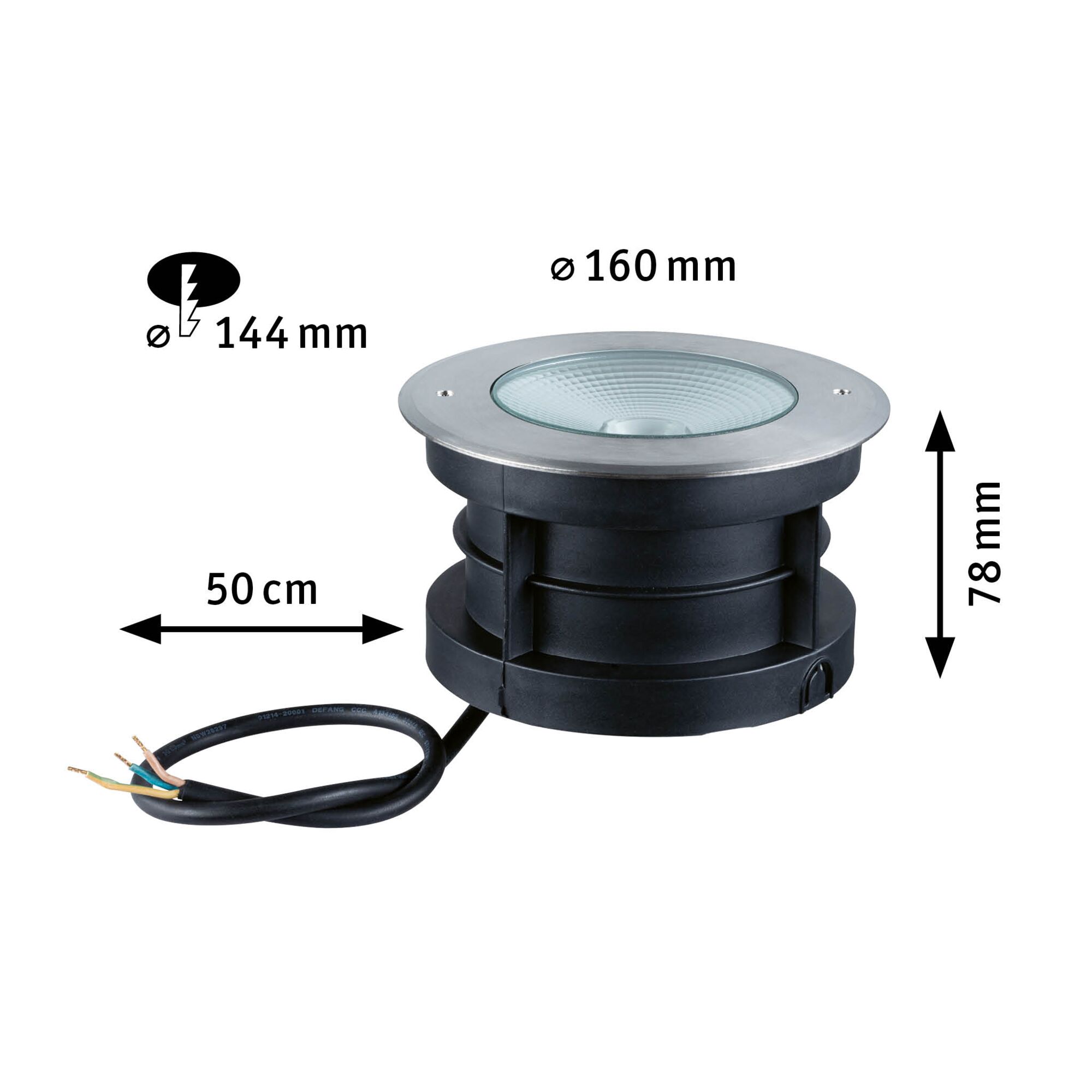 Round black plastic recessed spotlight with silver rim and 50 cm cable for outdoor lighting