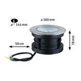 Round black plastic recessed ground light with stainless steel rim and cable, 160 mm diameter, 78 mm height