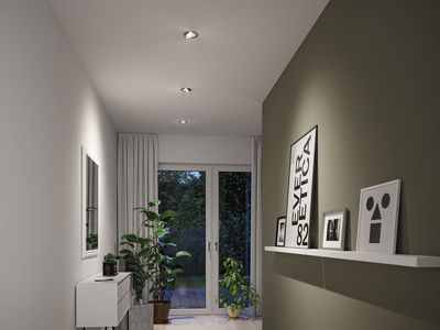 Couloir moderne avec spots encastrés blancs au plafond, mur vert et décoration minimaliste avec plantes et cadres.