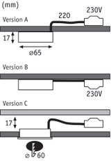 Schéma technique avec dimensions des versions A, B et C d’un système d’éclairage encastré 230V