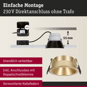 Goldfarbener Einbaustrahler mit Anschlussbox und Doppelschnellklemme für 230V Direktanschluss ohne Trafo
