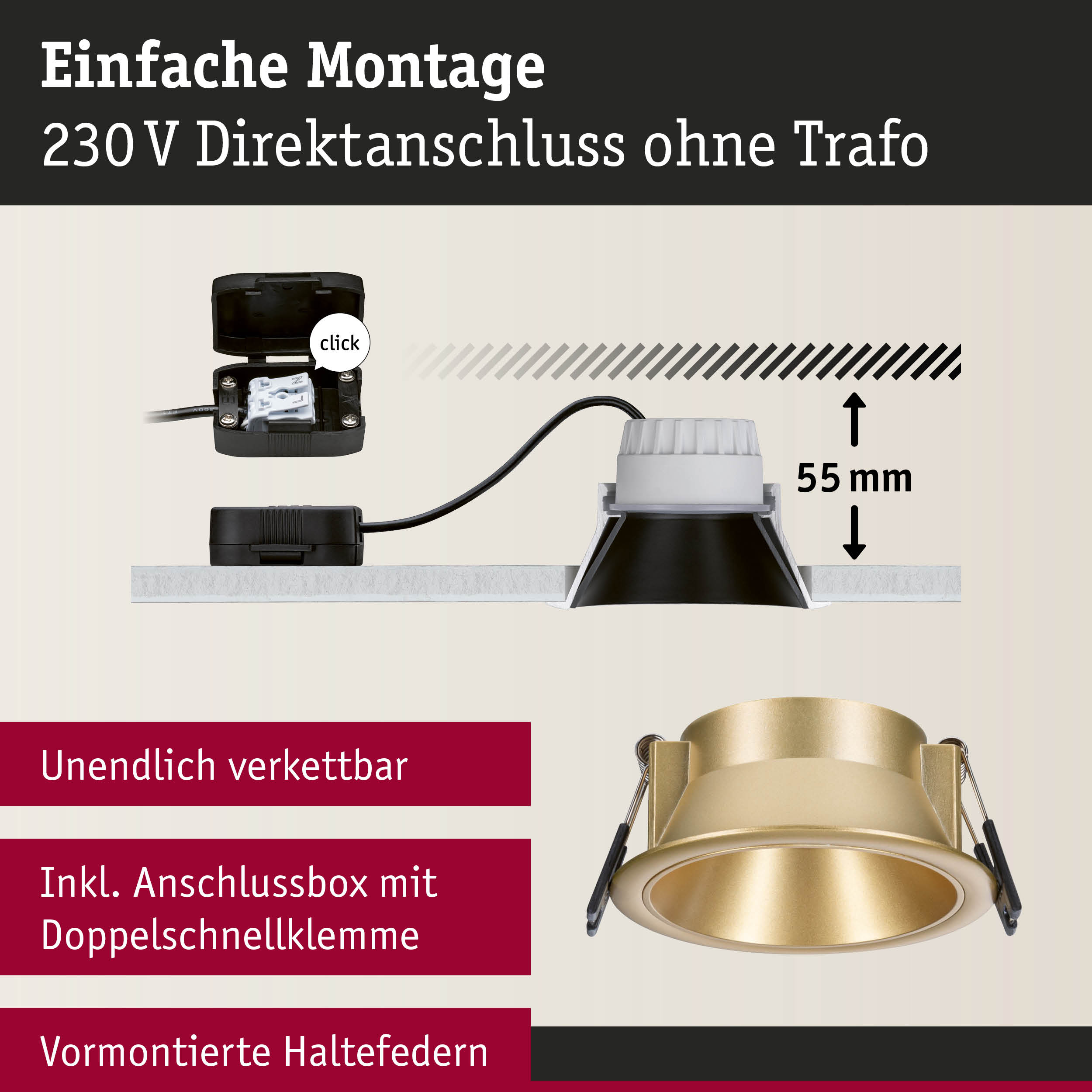 Goldfarbener Einbaustrahler mit Anschlussbox und Doppelschnellklemme für 230V Direktanschluss ohne Trafo
