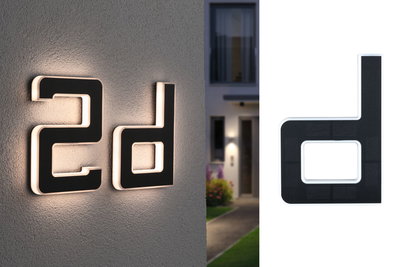 Modern black LED house number 2d with white light for outdoor walls, weatherproof design
