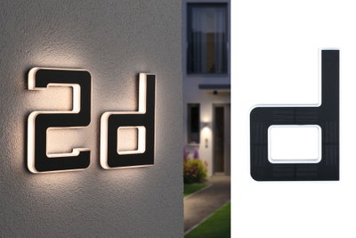 Moderne schwarze LED-Hausnummer 2d mit weißem Licht für Außenwände, wetterfestes Design