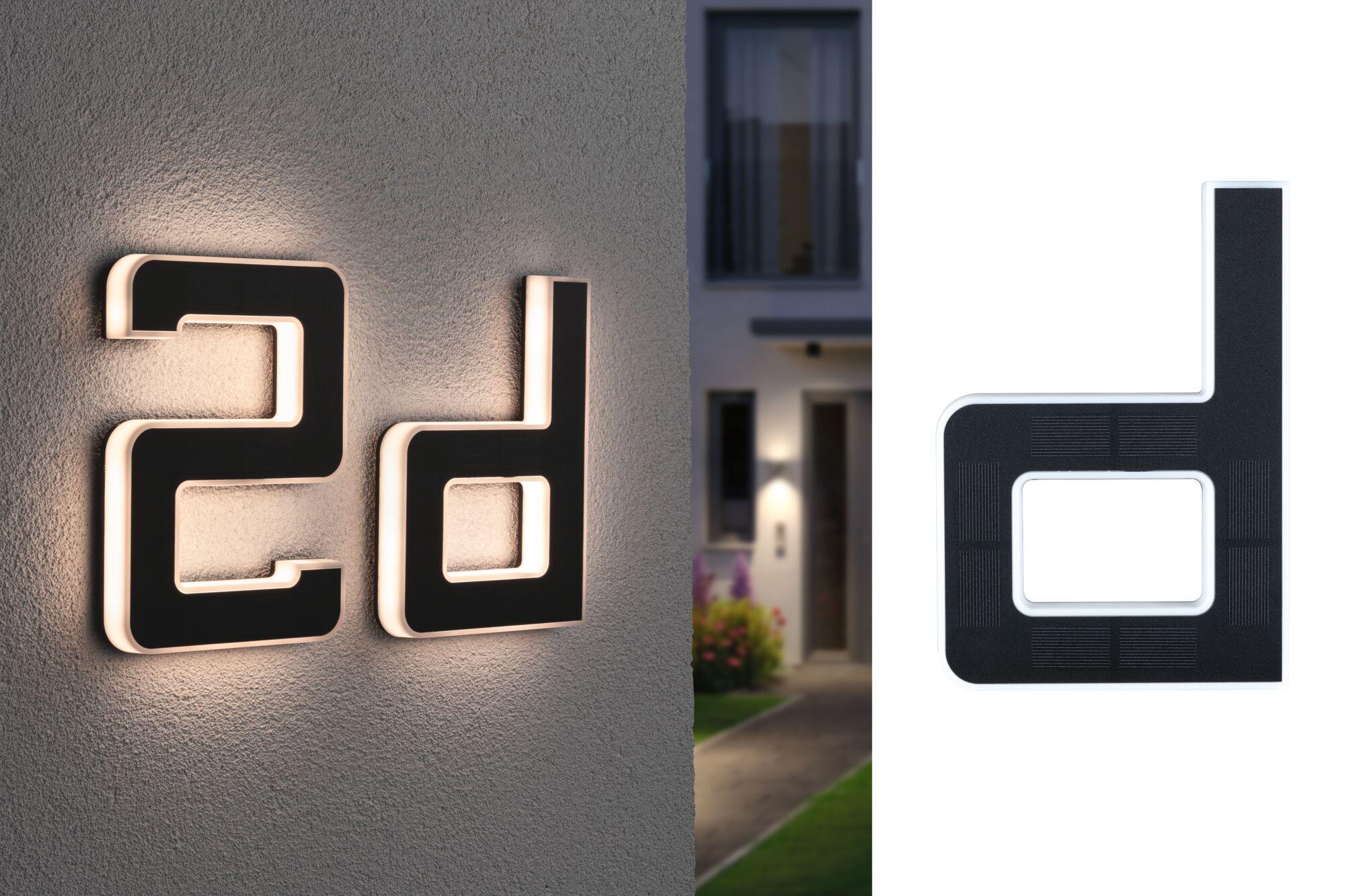 Solar Numéro de maison lumineux LED avec batterie interchangeable Lettre D IP44 3000K 6lm Noir Lumière LED noire moderne pour numéro de maison avec bord blanc pour éclairage extérieur.