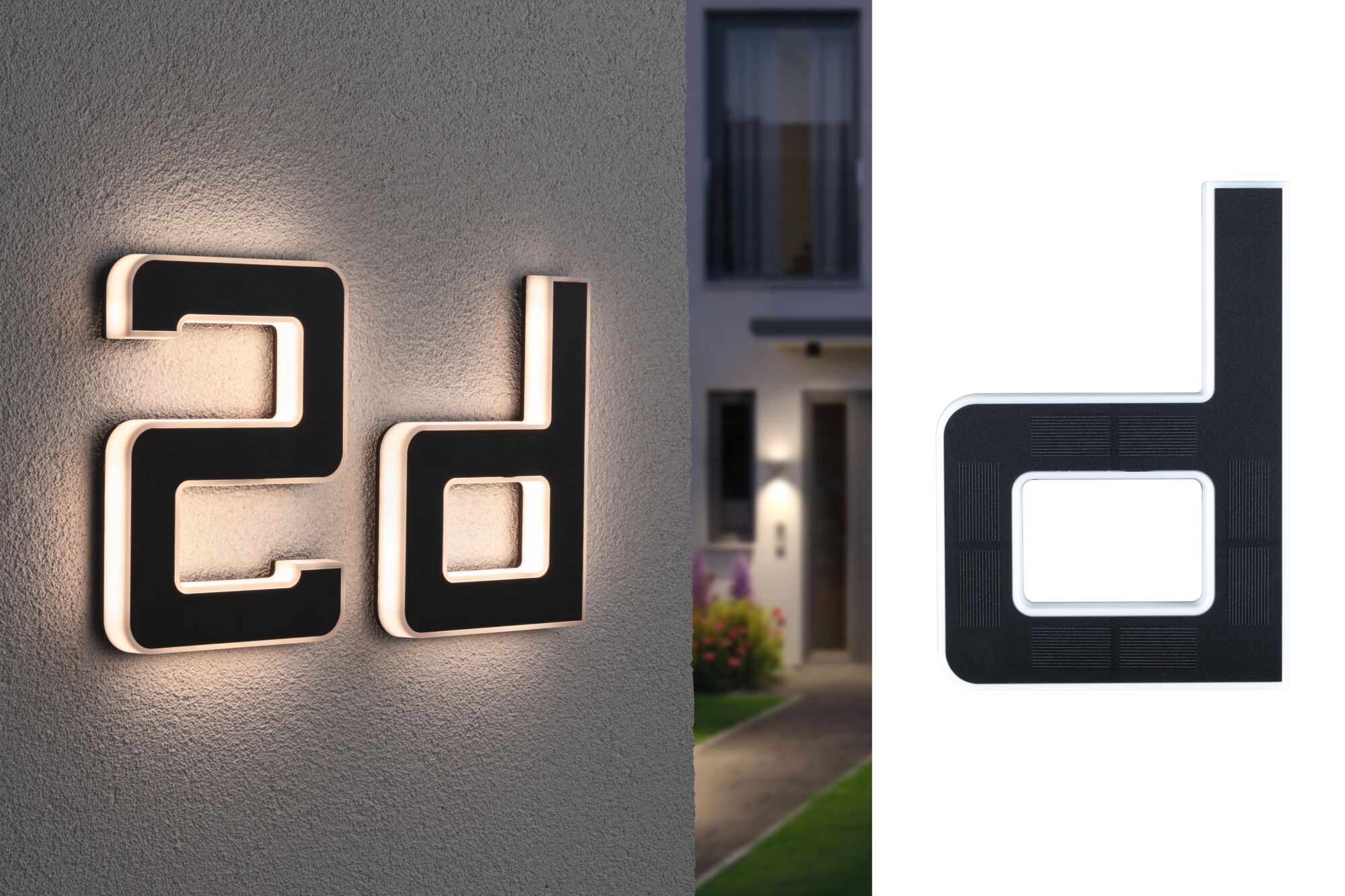 Moderne zwarte LED-huisnummerverlichting met witte rand voor buitenverlichting en huisnummers.