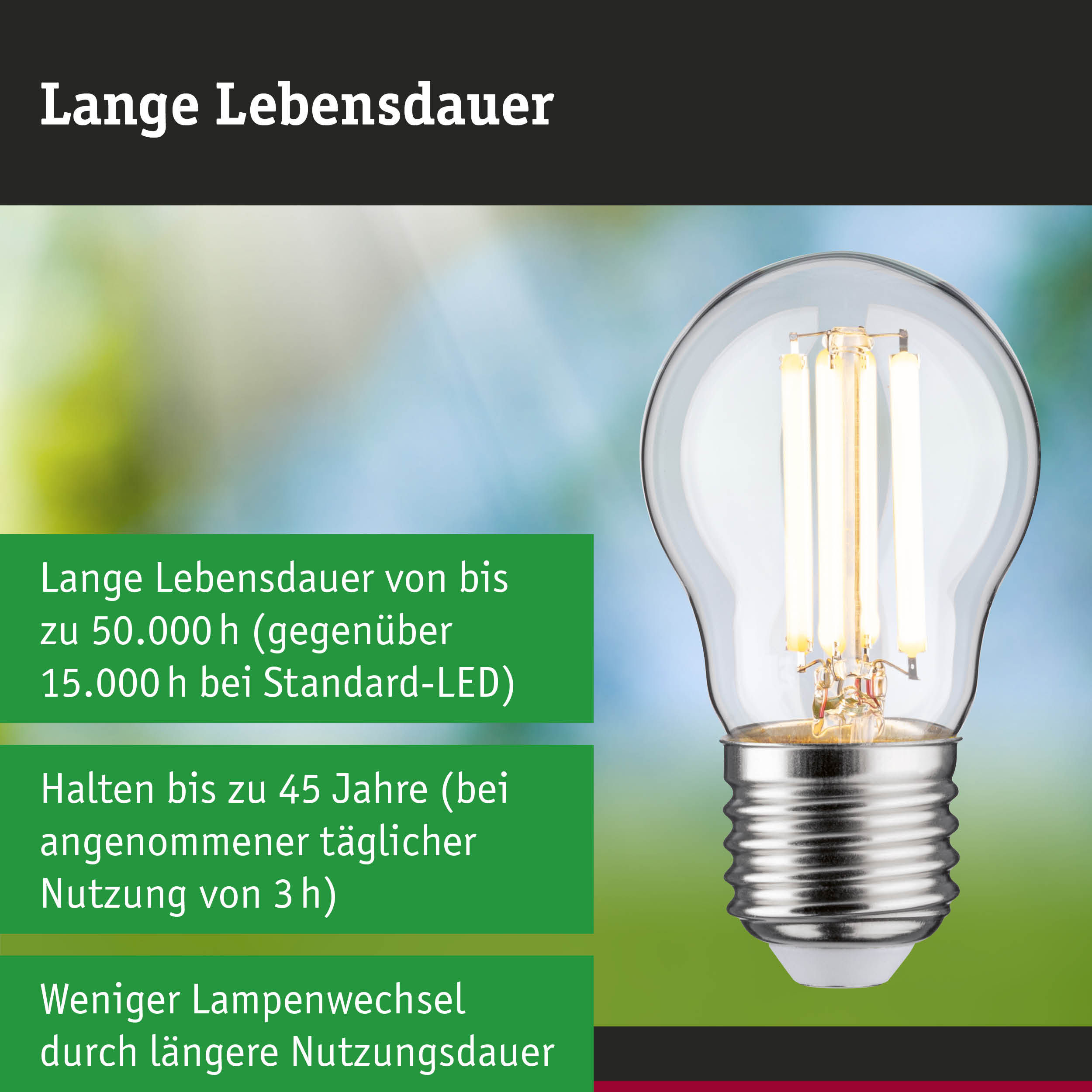 LED-Lampe mit 3,5-facher Lebensdauer und 50.000 Stunden Haltbarkeit im Vergleich zu herkömmlichen Lampen