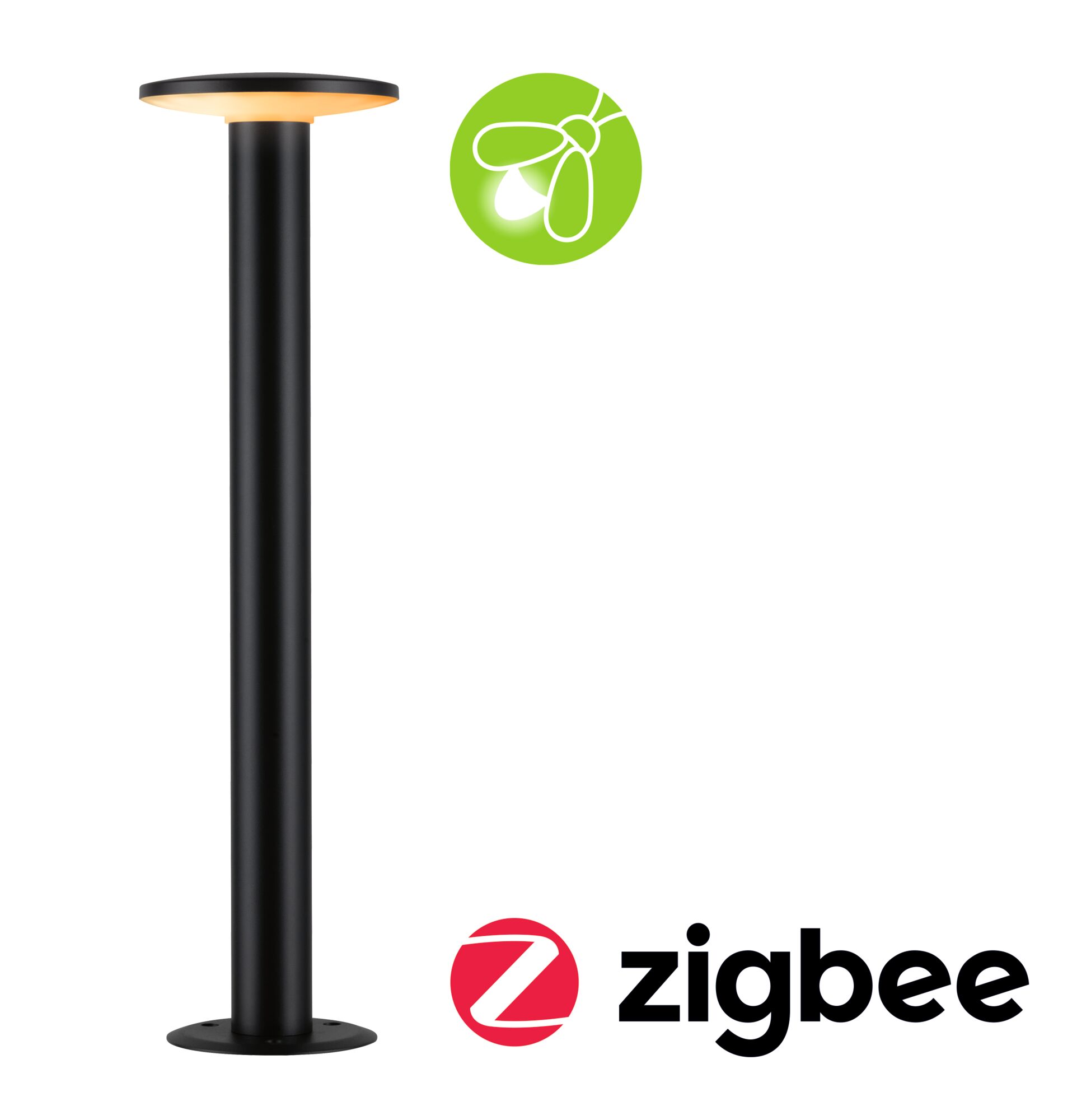 Black metal LED outdoor lamp with warm white light and Zigbee smart home compatibility for garden lighting
