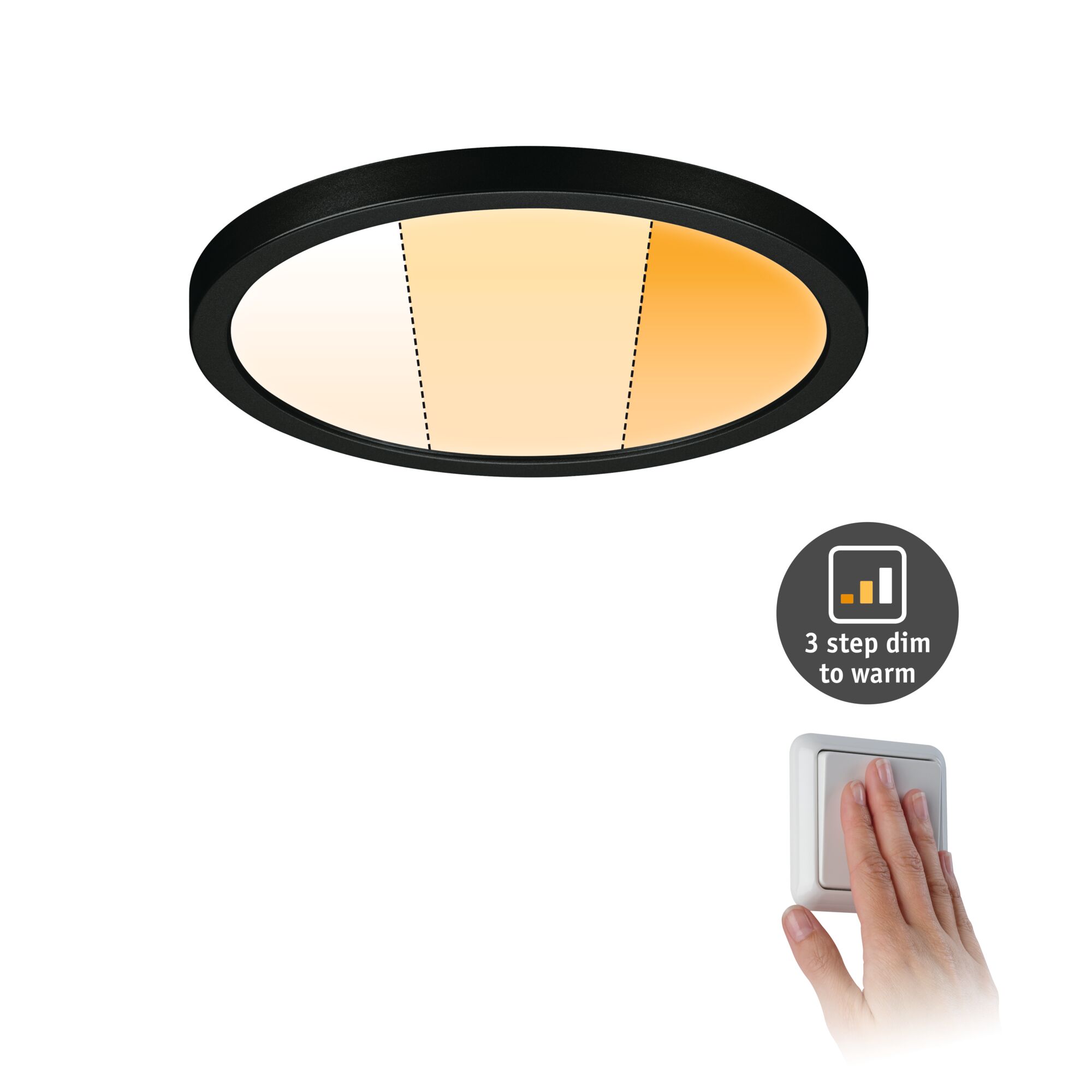 Plafonnier LED rond avec cadre noir et lumière blanche chaude dimmable en trois étapes pour intérieur.