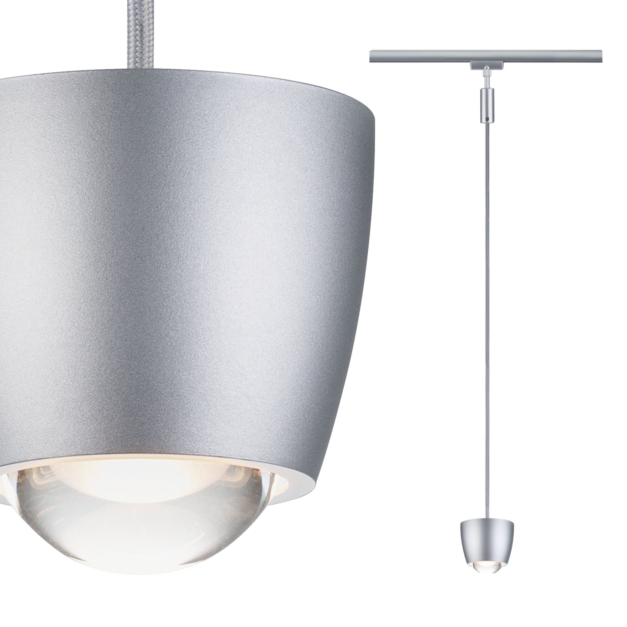 Modern silver metal pendant light with clear glass and LED illumination for stylish home lighting
