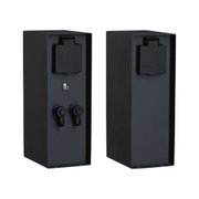 Two black metal housings with IP44 protection and covered sockets for outdoor use