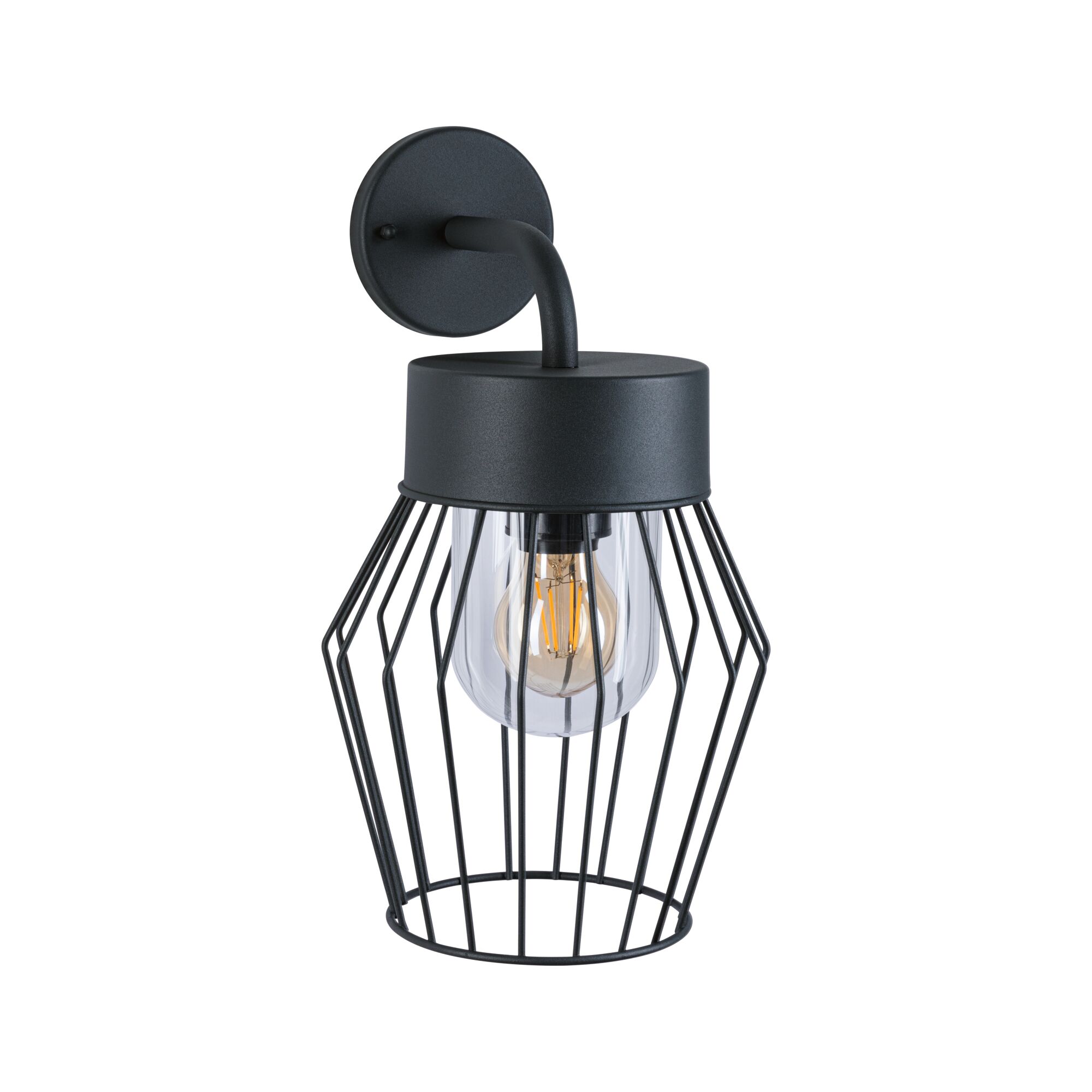 Schwarze Wandlampe aus Metall mit Drahtgitter und sichtbarer Glühbirne für moderne Innenbeleuchtung