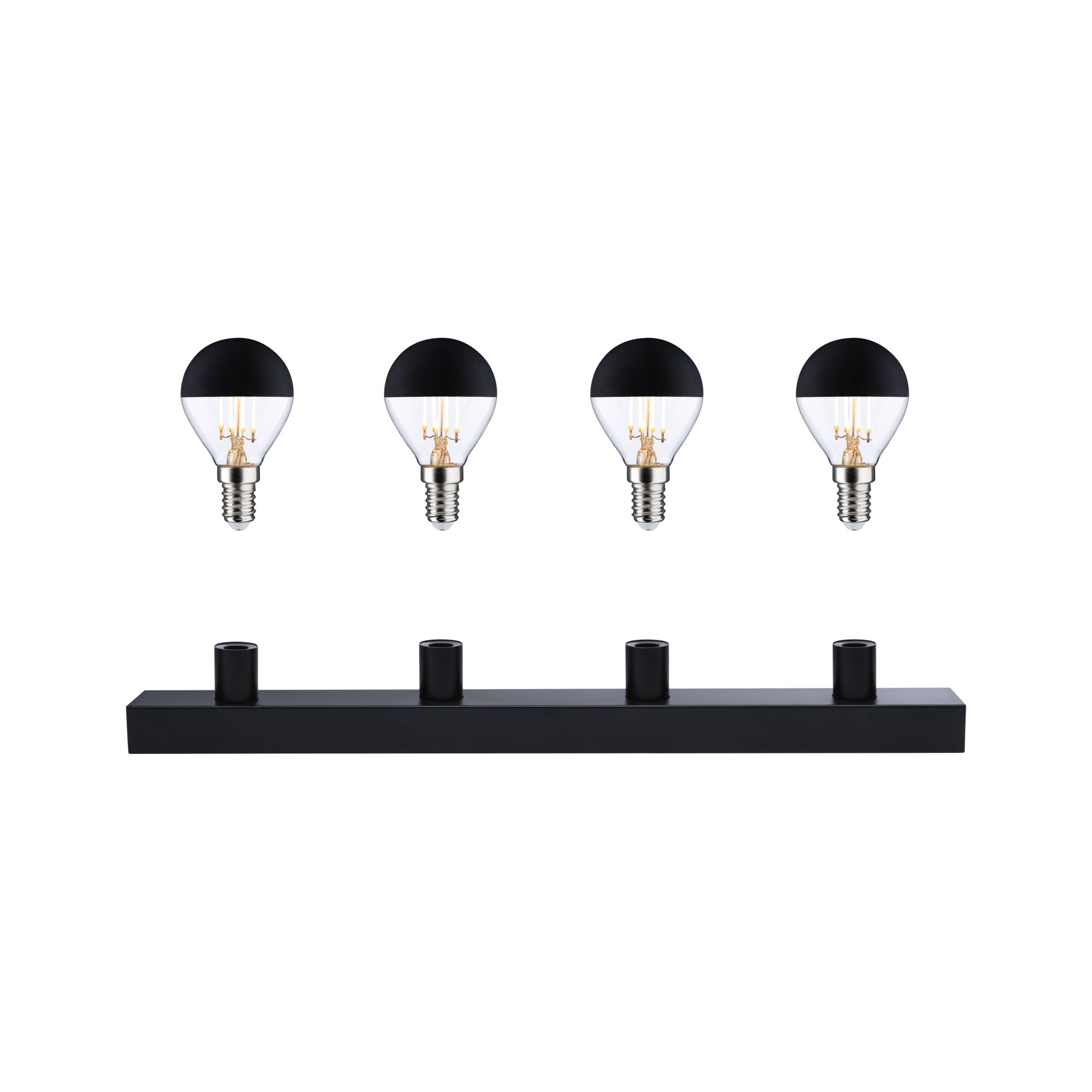 Fire sorte LED-pærer med mat top og sort metalholder til moderne belysning