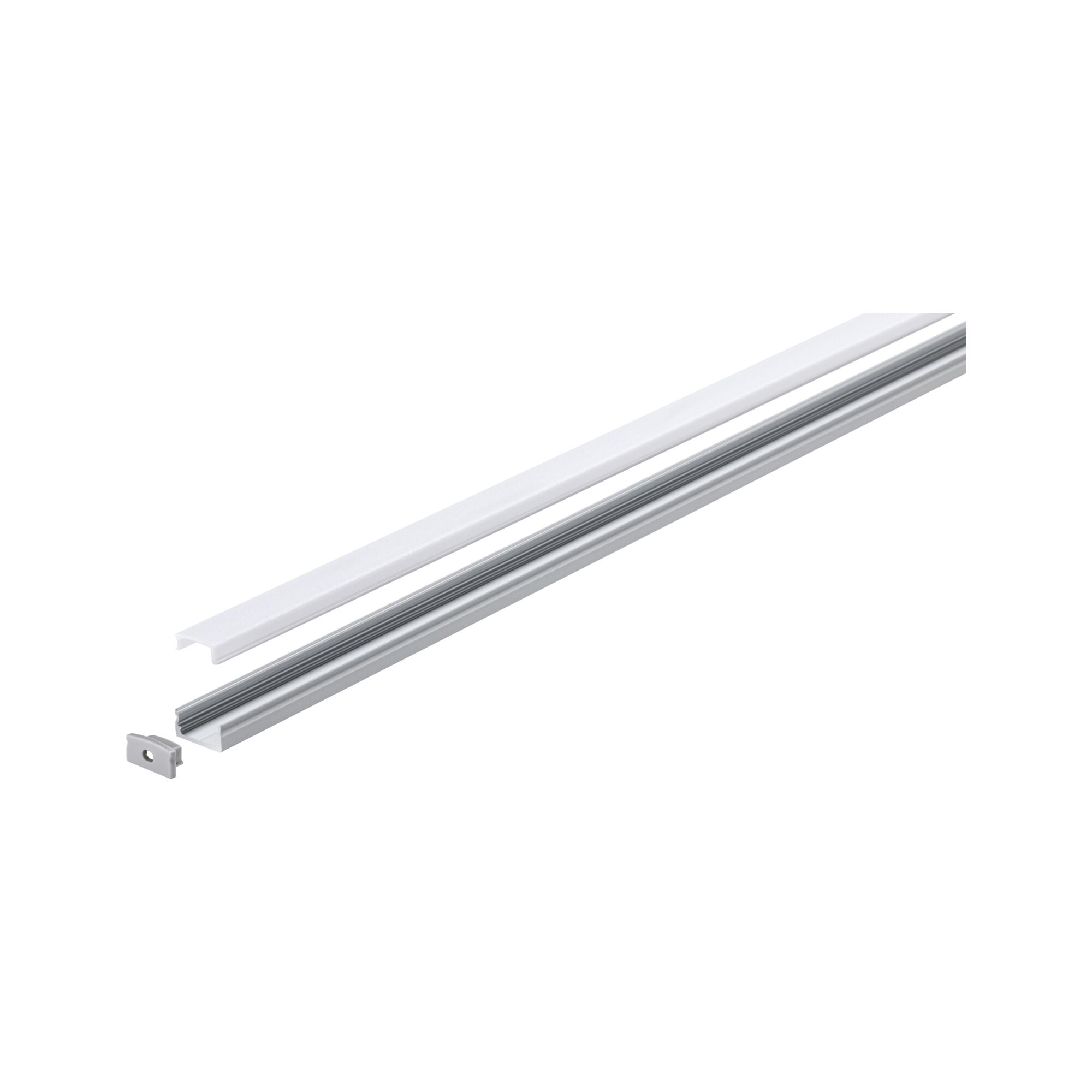 Silver aluminum LED profile with white cover for modern LED strips and lighting installations.