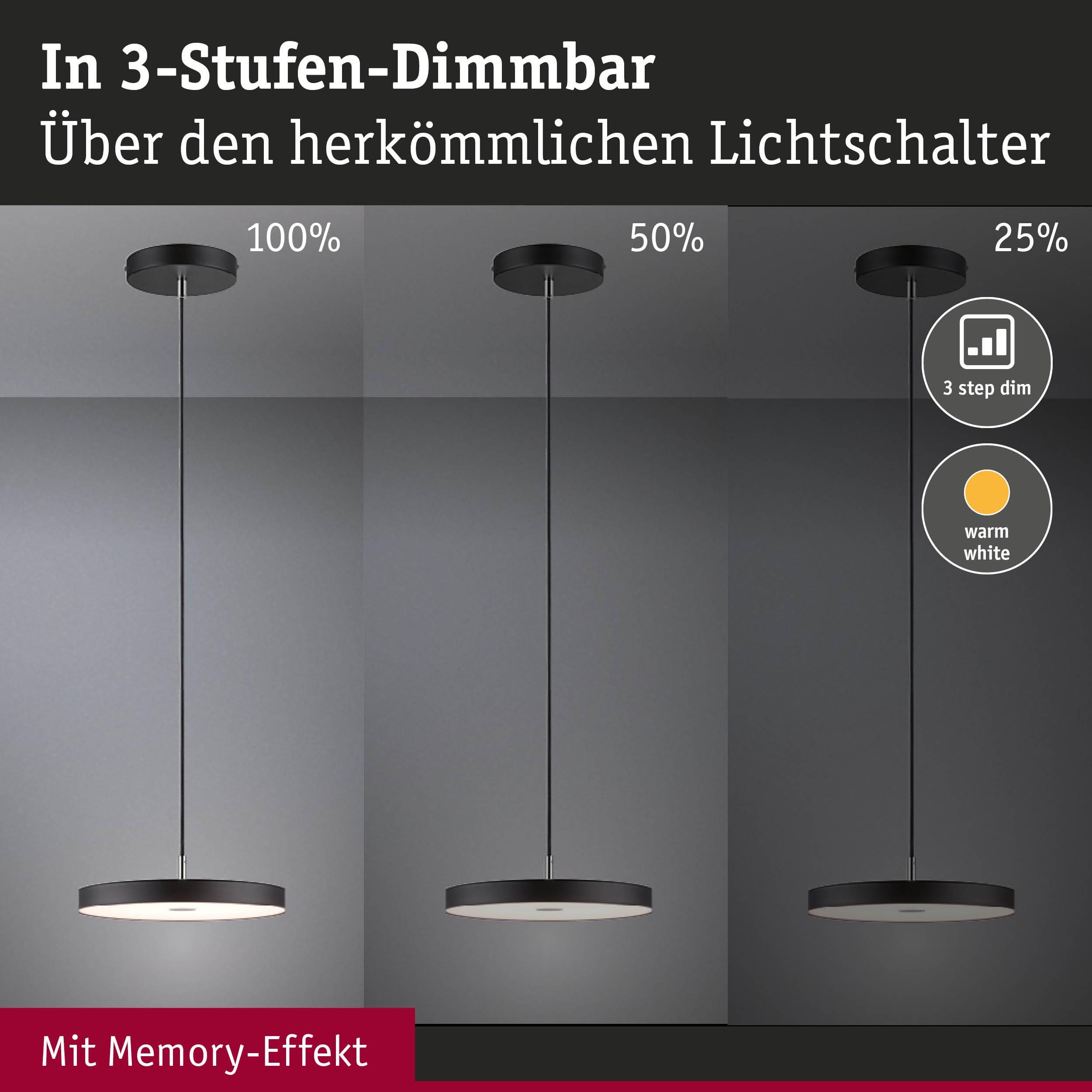 Schwarze LED-Pendelleuchte mit 3-Stufen-Dimmung und Memory-Effekt in warmweißem Licht