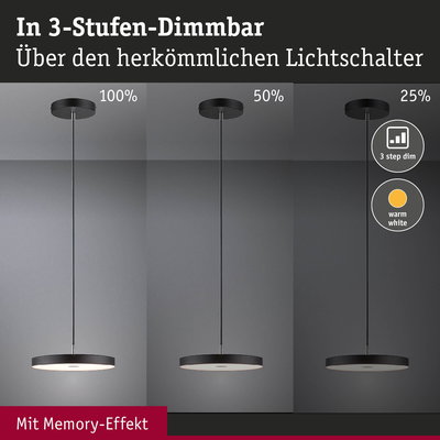 Schwarze LED-Pendelleuchte mit 3-Stufen-Dimmung und Memory-Effekt in warmweißem Licht