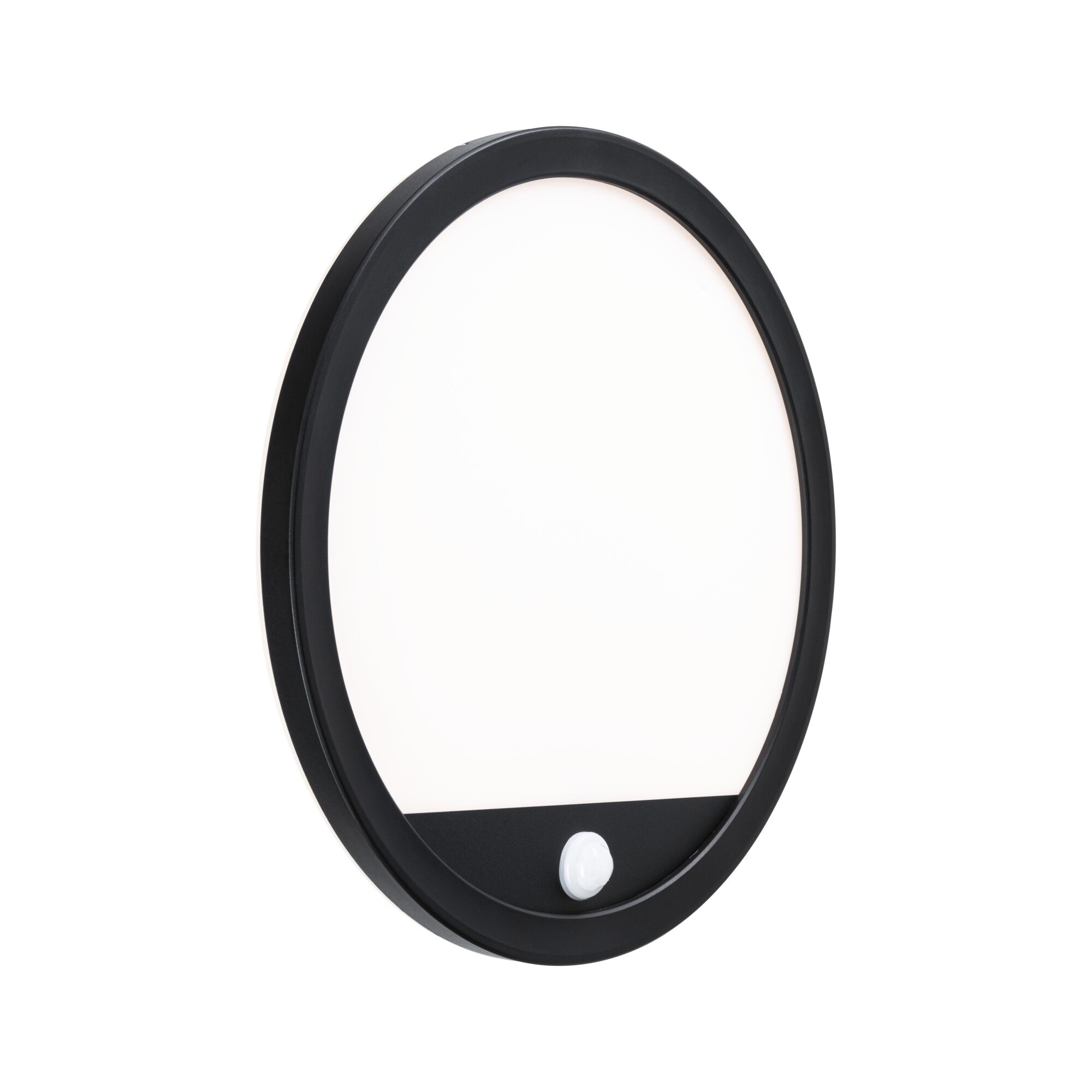 Black oval LED wall light with motion sensor, modern indoor lighting fixture