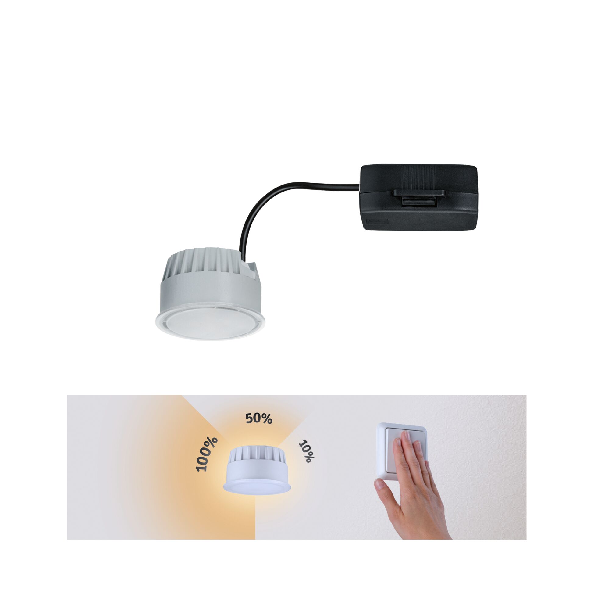Spot encastré modulaire LED 3-Step-Dim Nova Coin rond 51mm Coin 6W 530lm 230V gradable 4000K Satiné Spot LED encastré blanc compact avec variateur et câble noir pour un contrôle d'éclairage ajustable