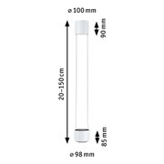 Maßzeichnung einer weißen LED-Hängeleuchte mit 100 mm Durchmesser und 20-150 cm Länge