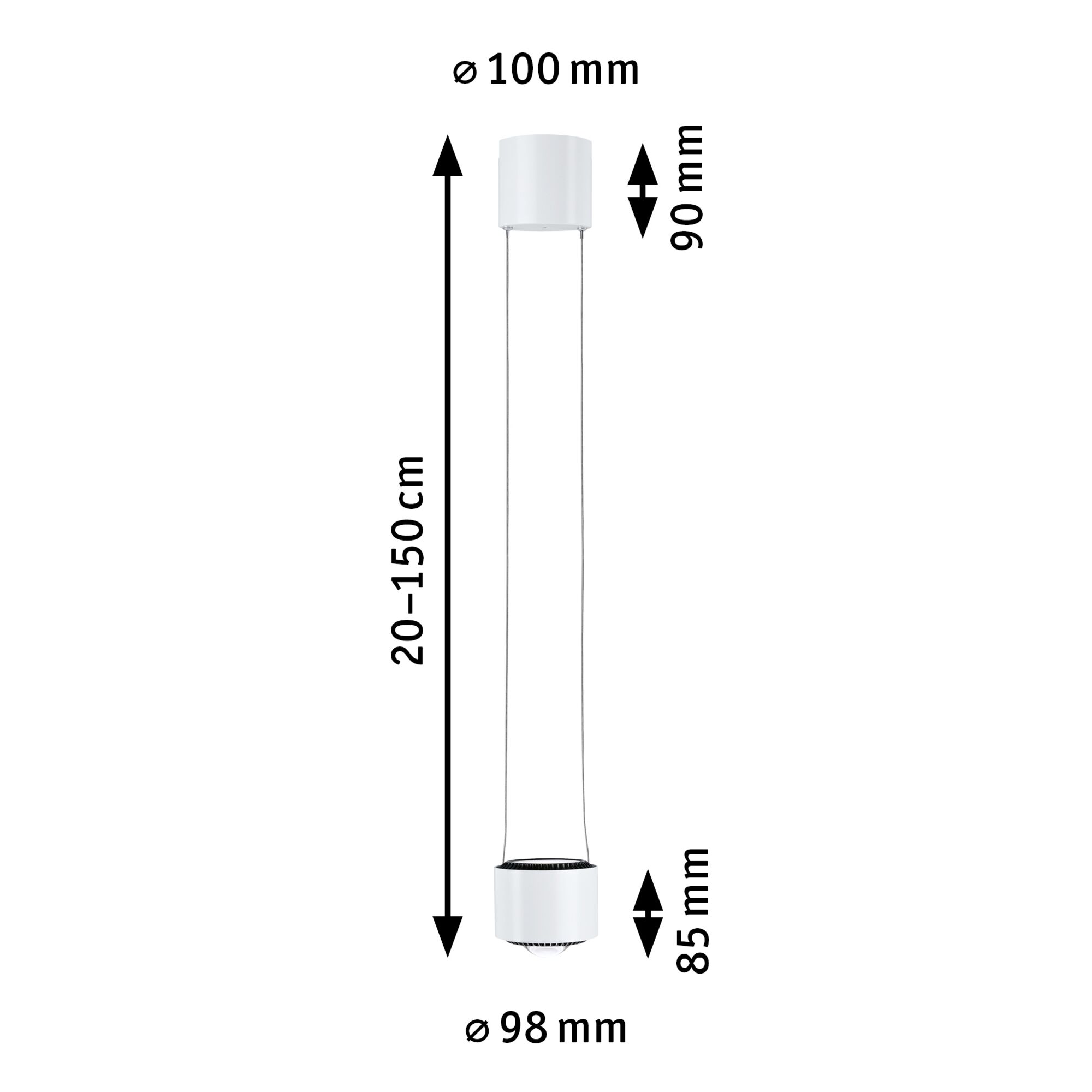 Maßzeichnung einer weißen LED-Hängeleuchte mit 100 mm Durchmesser und 20-150 cm Länge