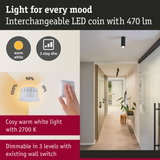 Black LED ceiling light with warm white light and three-step dimming in a modern hallway