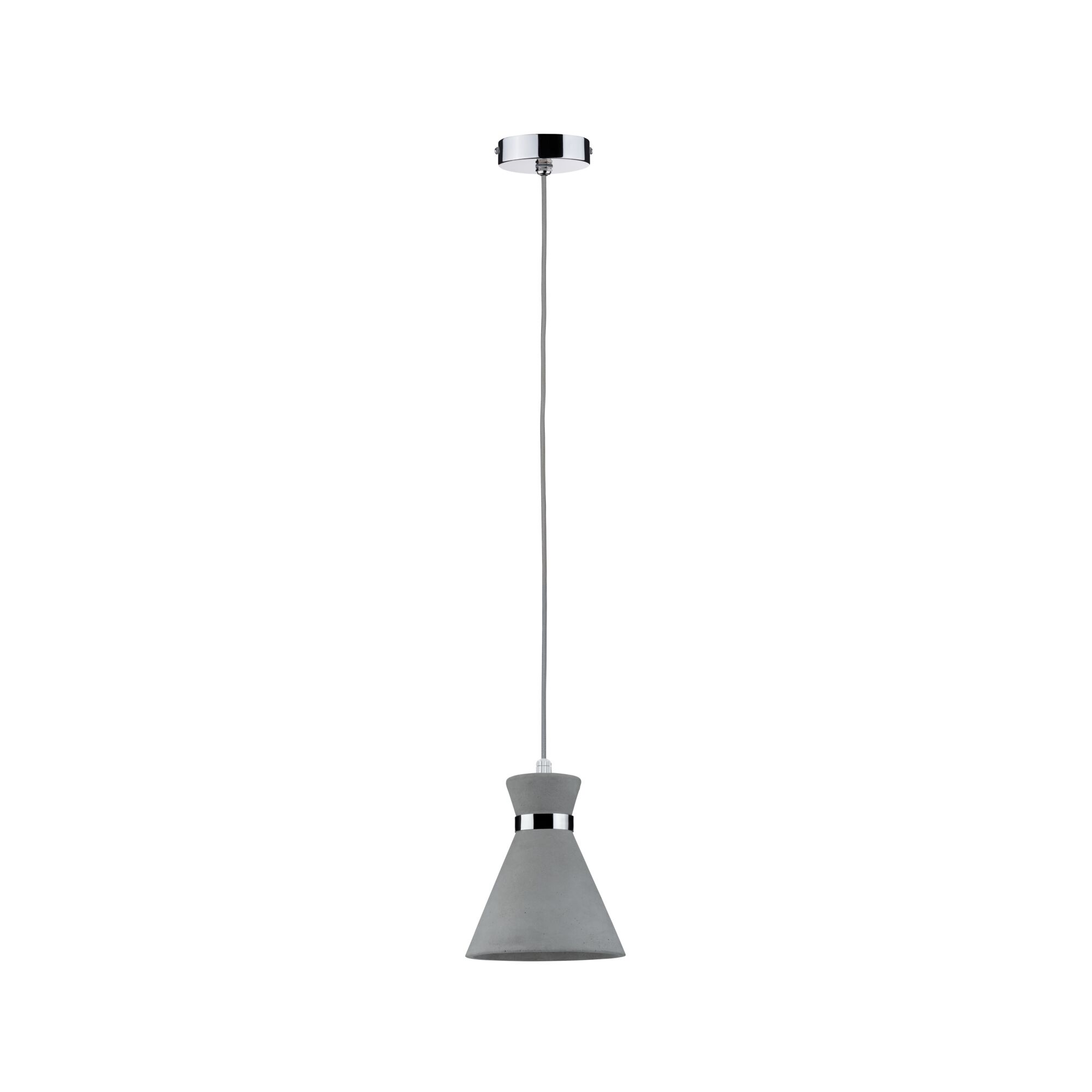 Moderne hanglamp van grijs beton met chromen accent en kabel voor stijlvolle woonverlichting