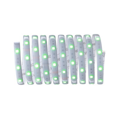 Flexible LED strip light with green glowing LEDs and adhesive backing for versatile lighting solutions.